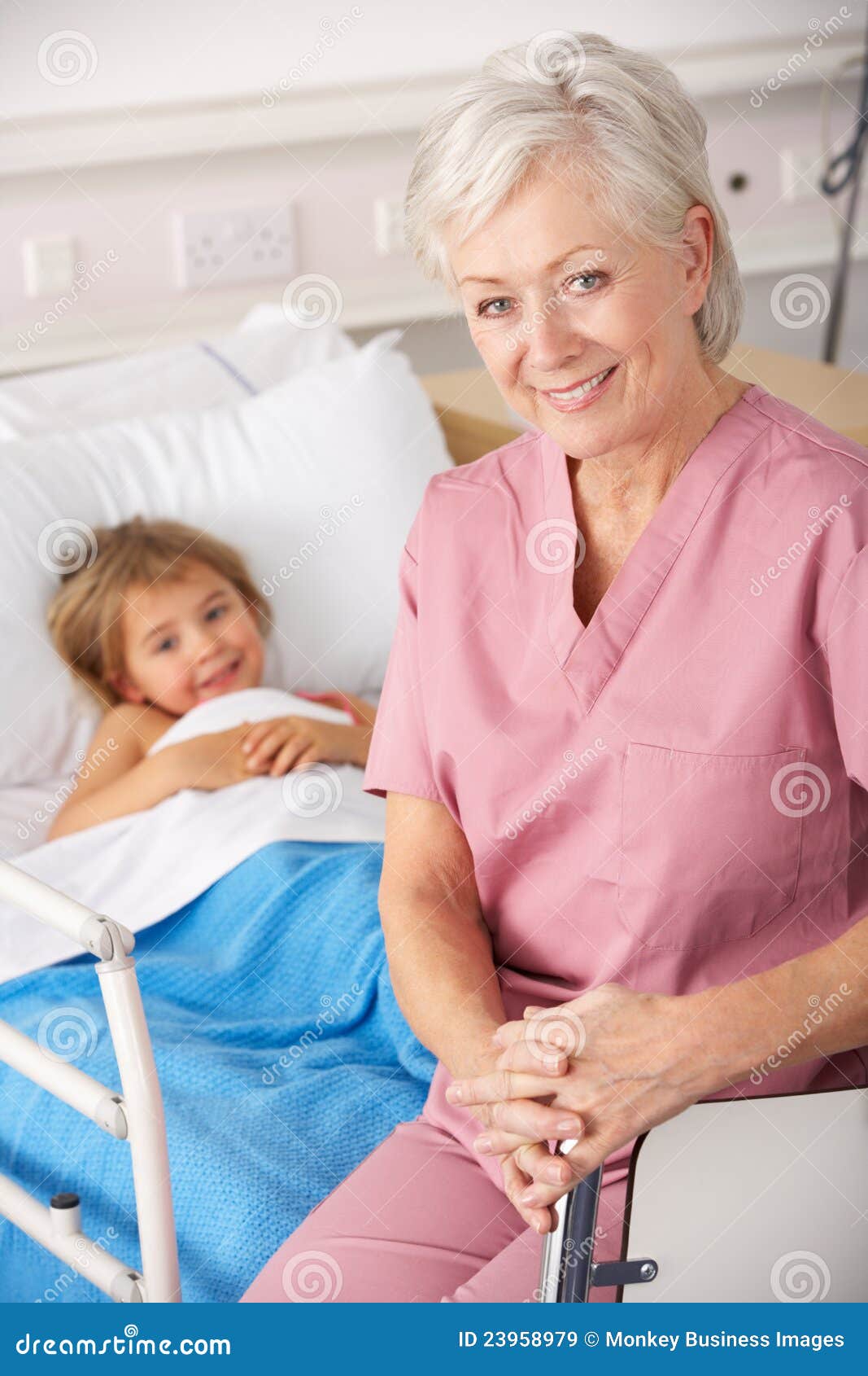 elderly nurse in usa pediatrics with child patient