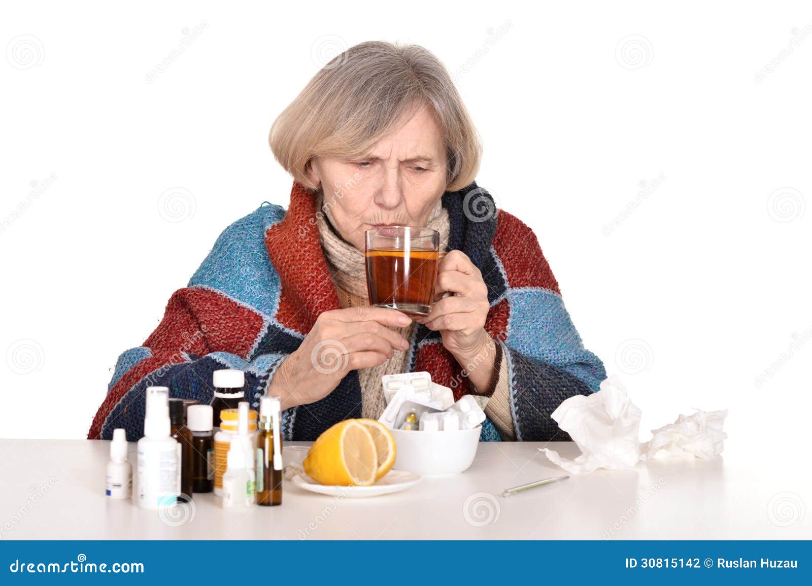 Elderly sick woman drinks stock photo. Image of sick 30815142