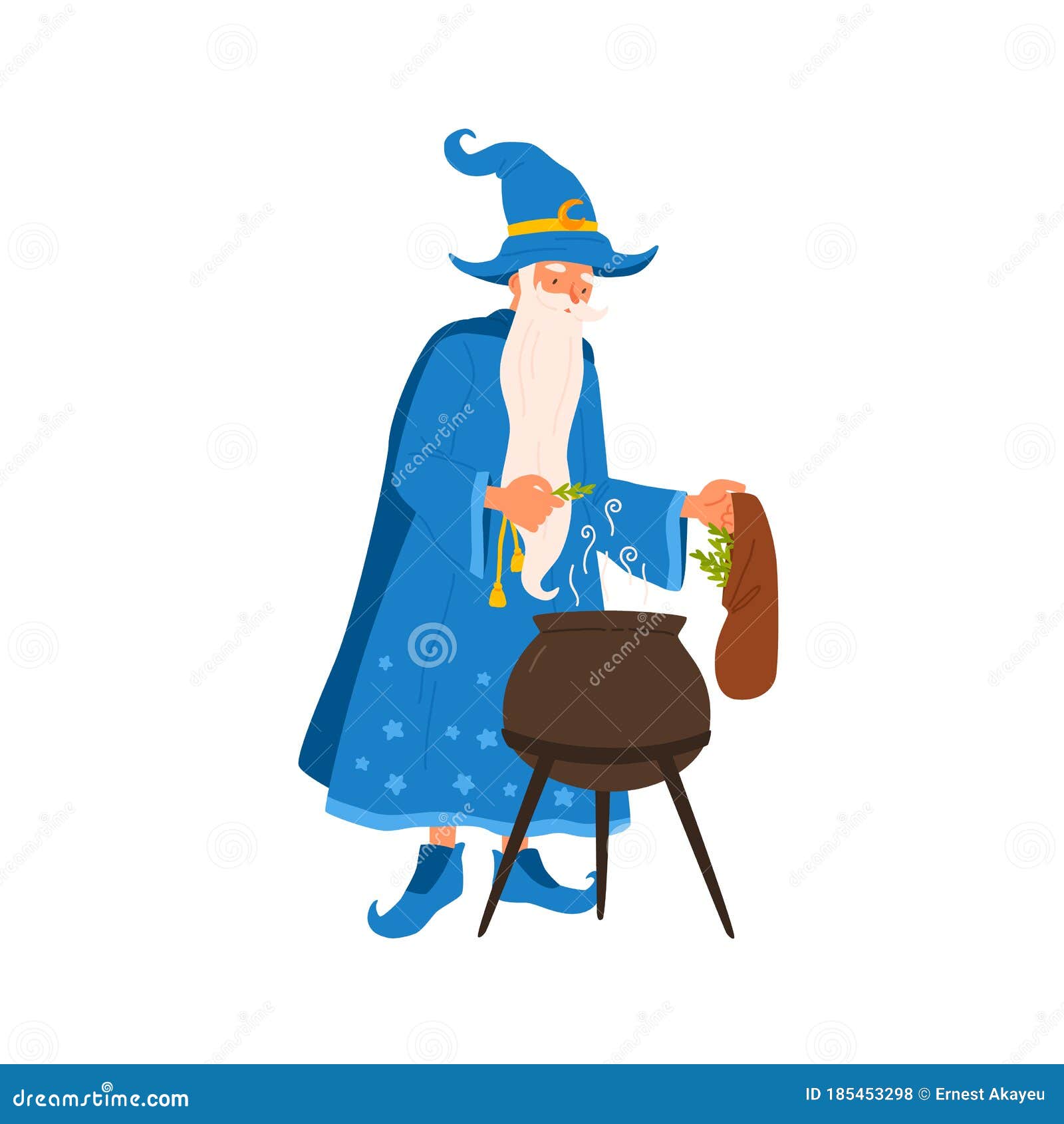 elderly sorcerer brew potion with magic spell  flat . fairytail mage with beard practicing wizardry
