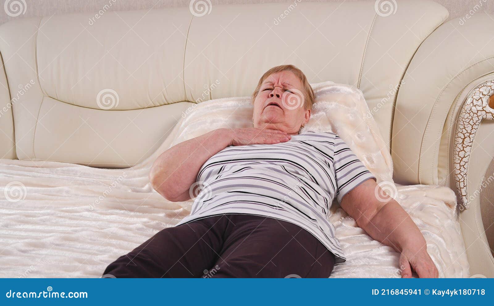 Elderly Woman on Bed with Sore Throat Stock Image Image of medical