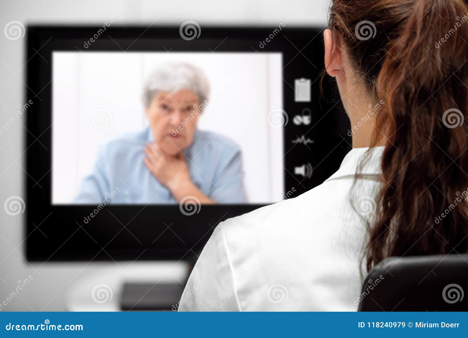 elderly woman with dyspnea, doctor looking at the desk, telemedicine and telehealth with live chat