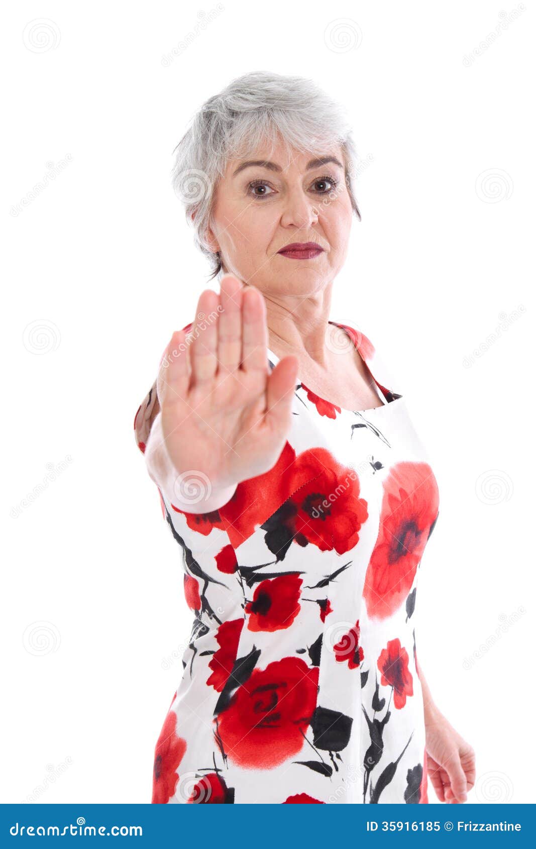 elderly woman fights back, gestures stop sign