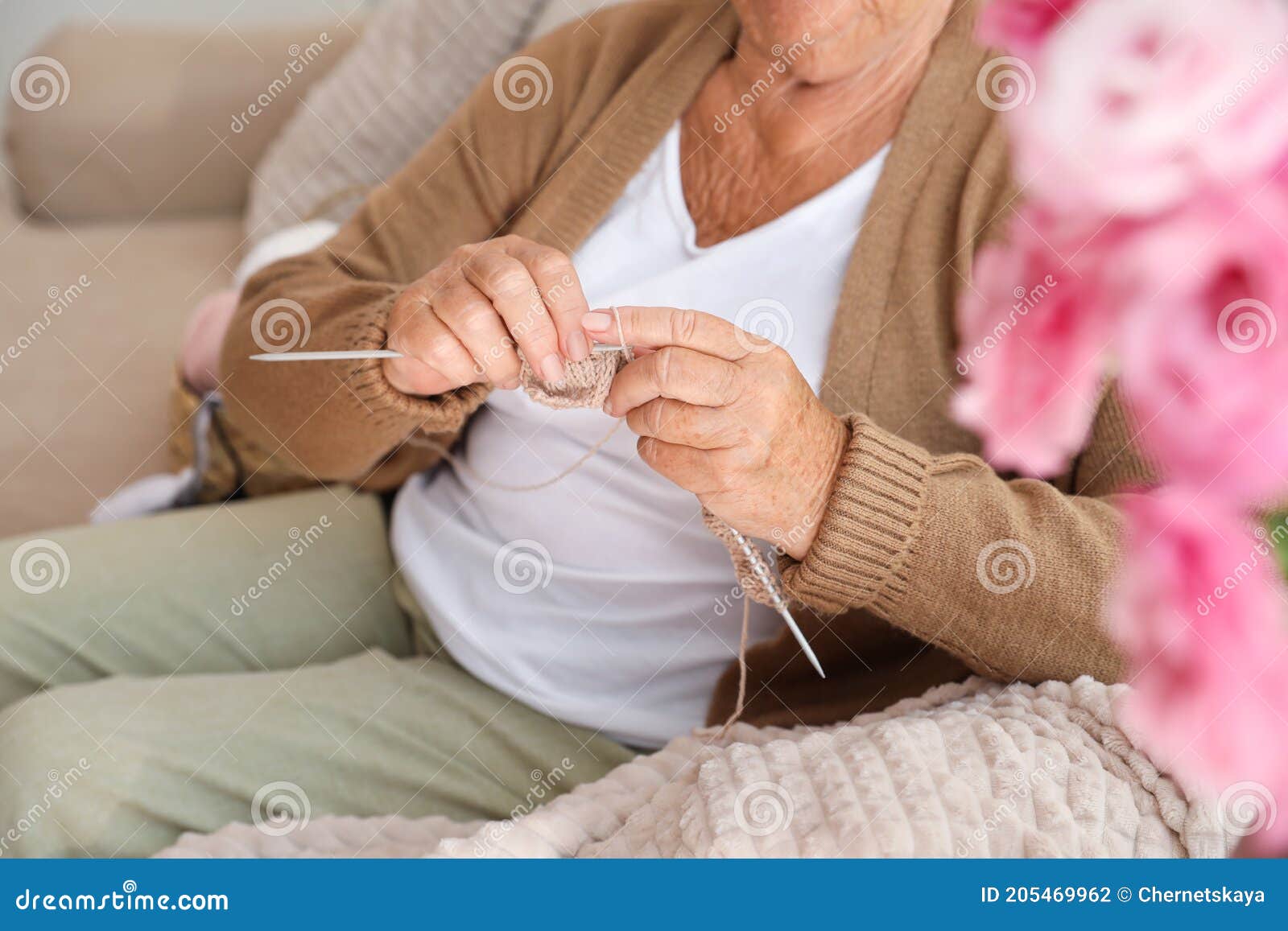 Elderly Woman Knitting at Home, Closeup. Creative Hobby Stock Photo ...