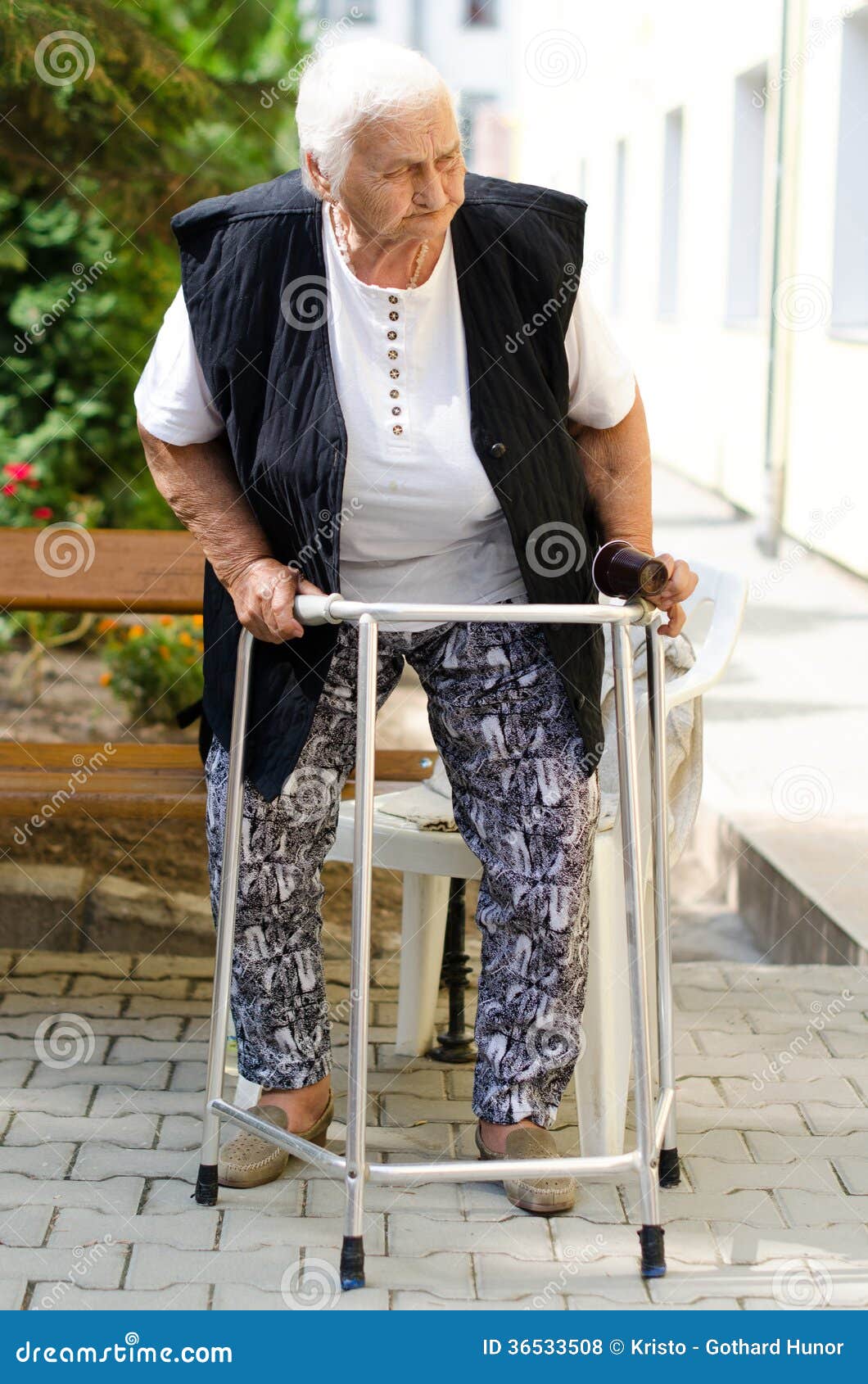 Elderly Woman Standing with Her Walker Stock Photo Image of health