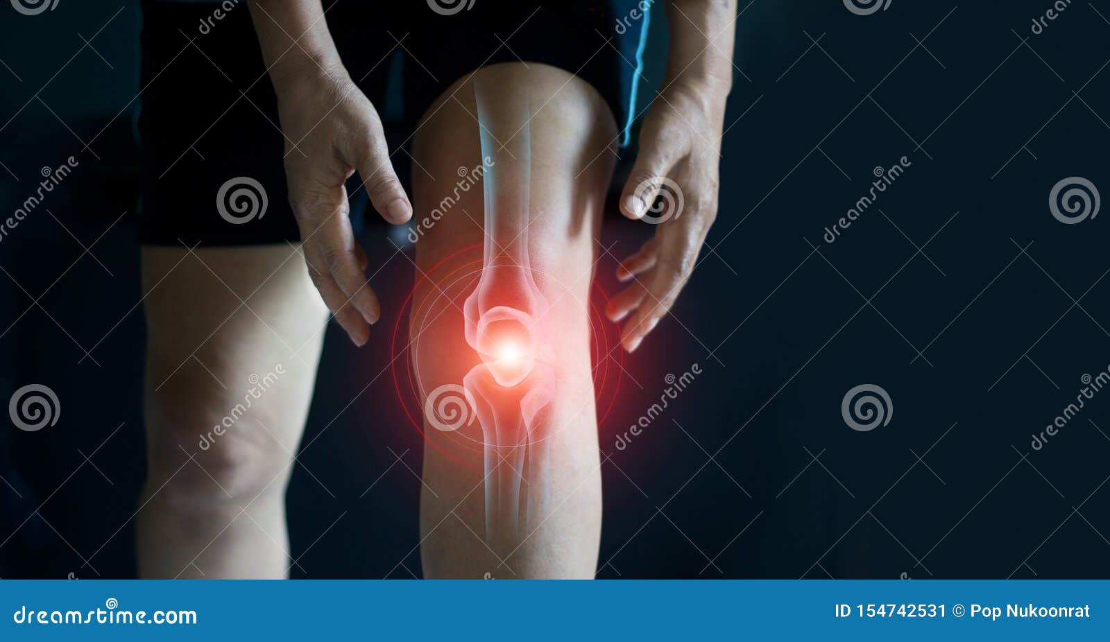 elderly woman suffering from pain in knee. tendon problems and joint inflammation on dark background