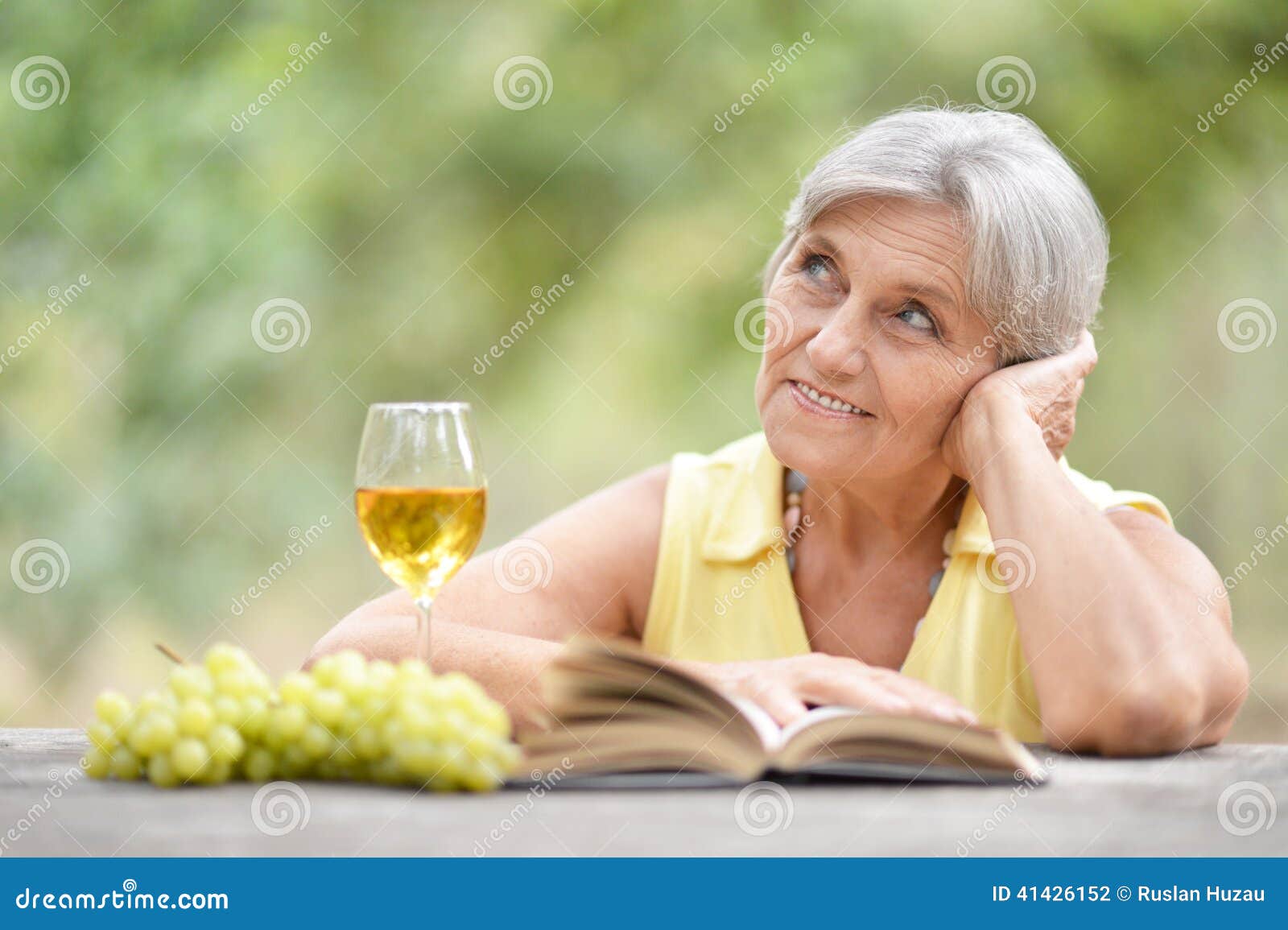 Elderly Woman with Wine and Book Stock Photo Image of fruits, read