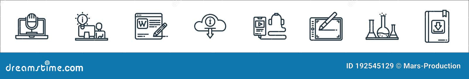 elearning line icons. linear set. quality  line set such as ebook, chemistry, tablet, smartphone, cloud, wikipedia, idea