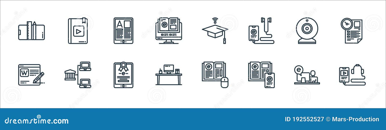 elearning line icons. linear set. quality  line set such as smartphone, ebook, desk, wikipedia, webcam, mortarboard, ebook