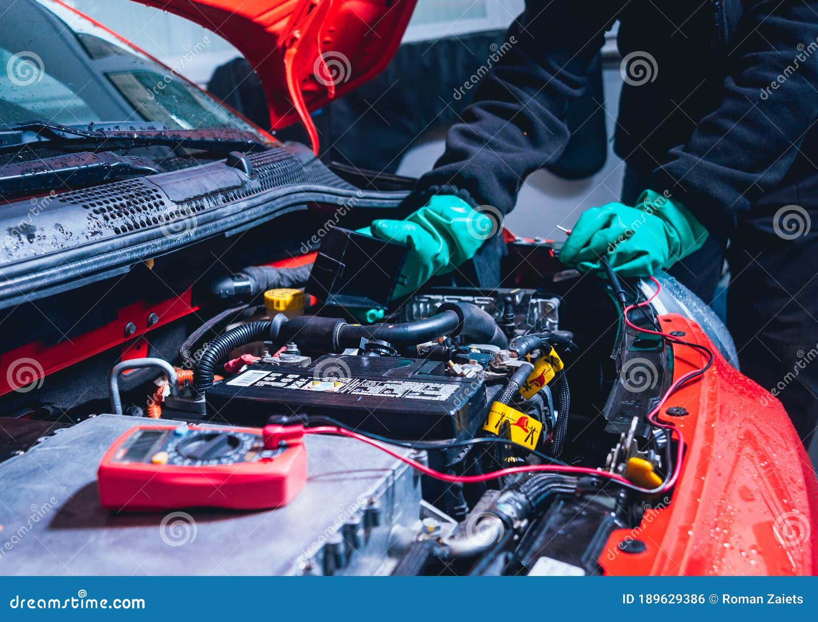 Electic Car with Open Hood. Details of Electric Car Engine Stock Photo