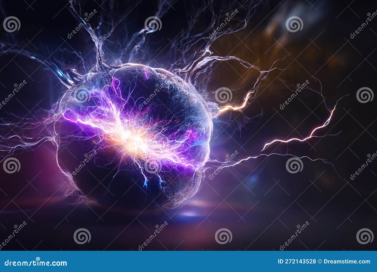 Electric Ball Lightning in Neon Colour Scheme. Black Background Stock