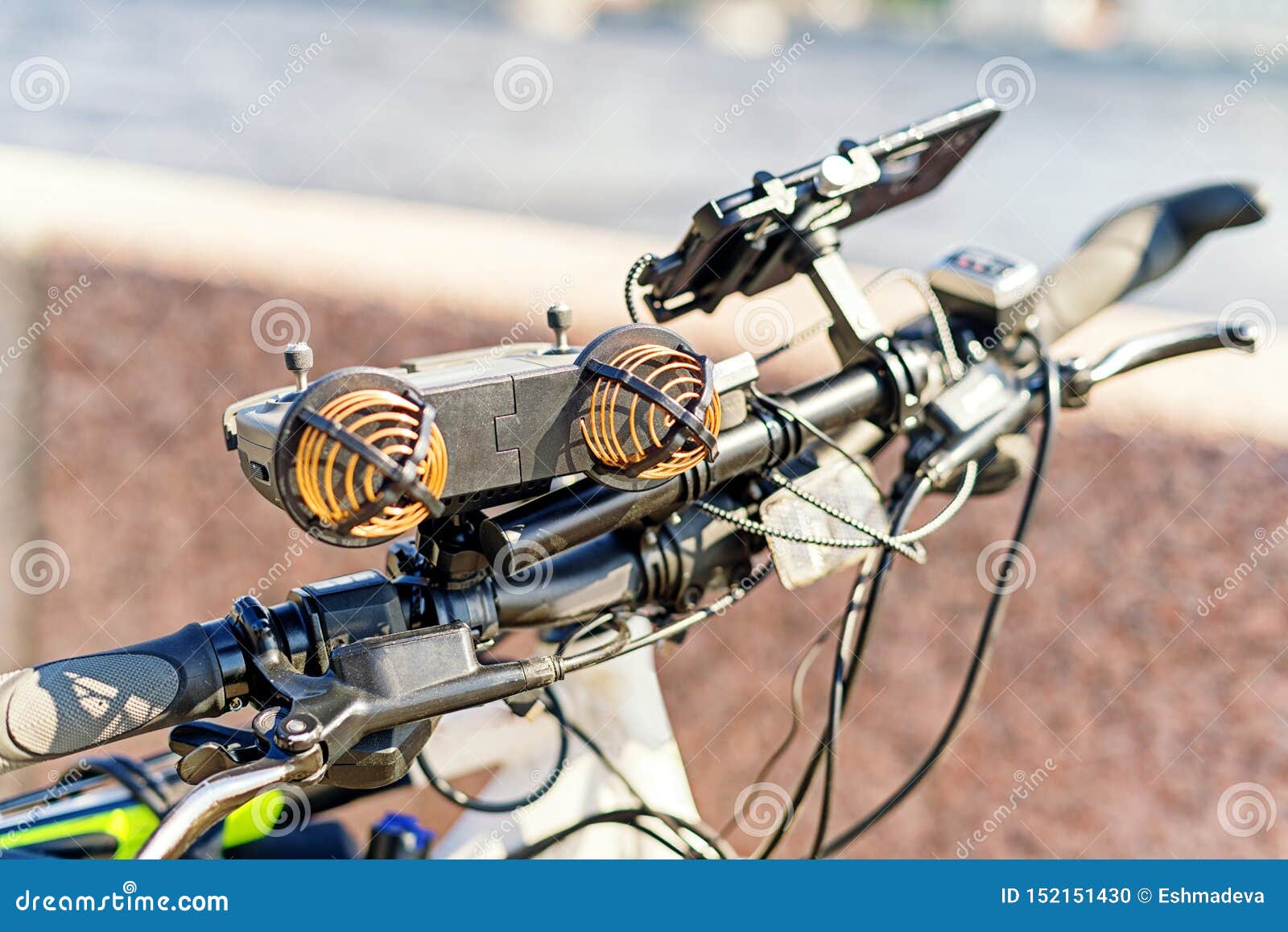 Electric Bike Handlebar with Many Modern Electronic Devices on it Stock