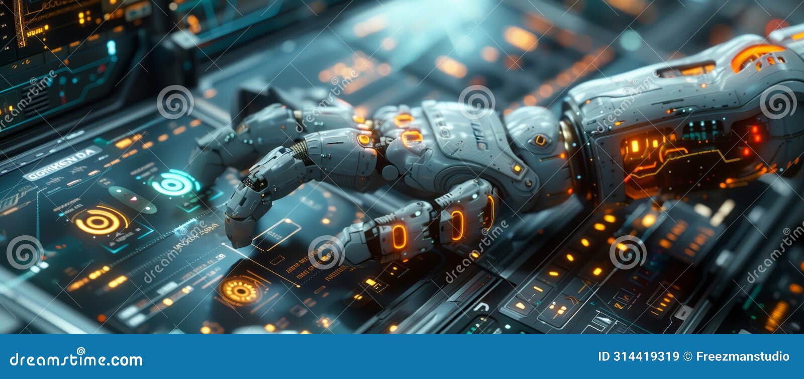 a robotic hand reaches for an electric blue computer screen
