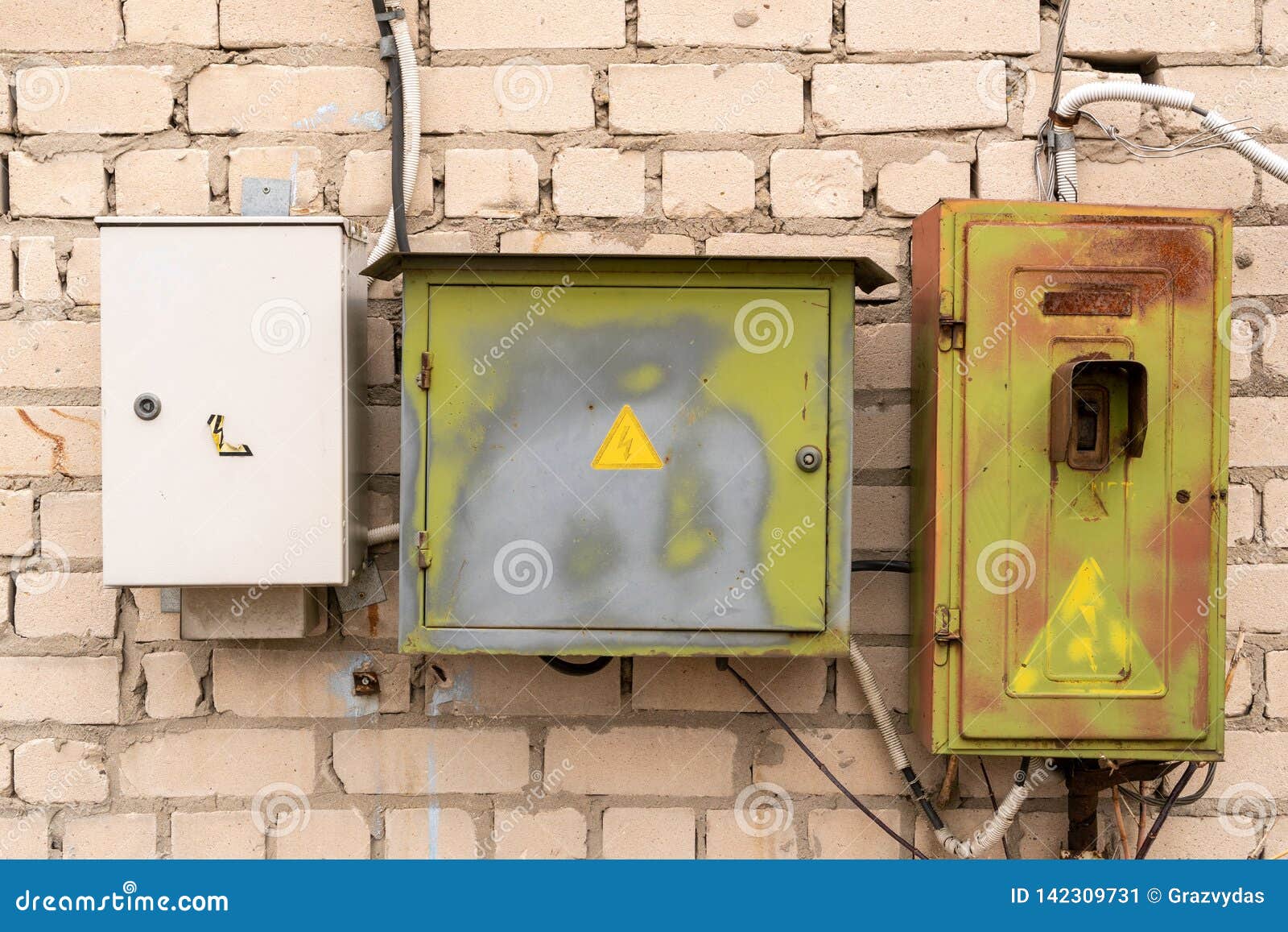 Electric Boxes on the Brick Wall Stock Image Image of panel,