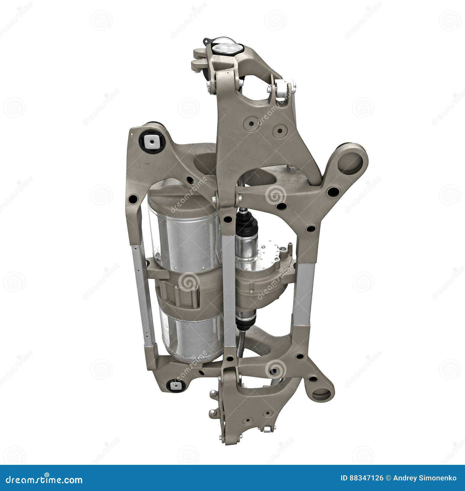 Electric Car Back Suspension with Engine on White. 3D Illustration