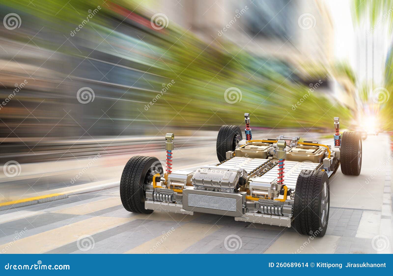 Electric Car Business with Ev Car with Pack of Battery Cells on Road