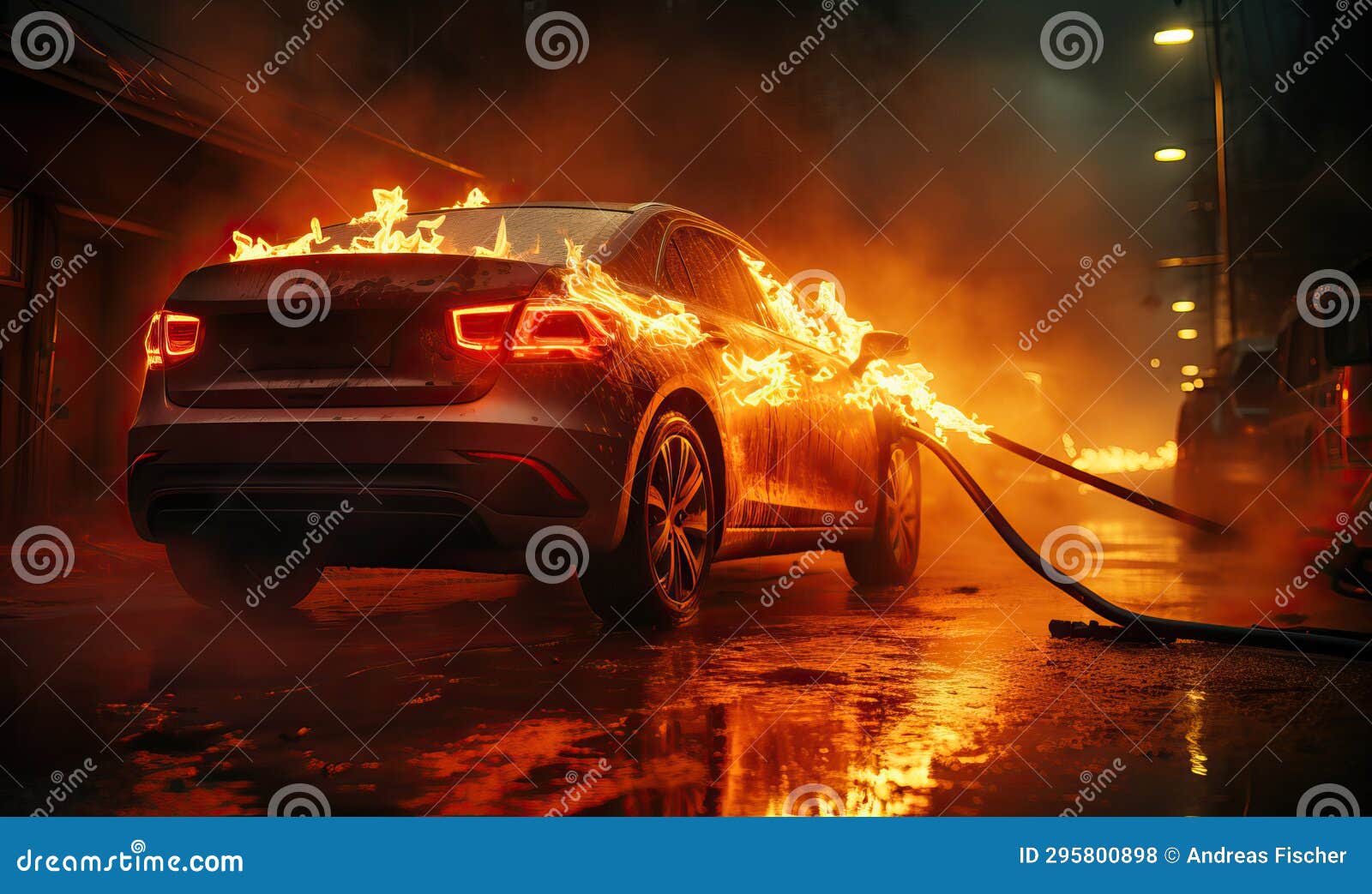 An Electric Car Caught Fire while Charging at Night. Stock Illustration
