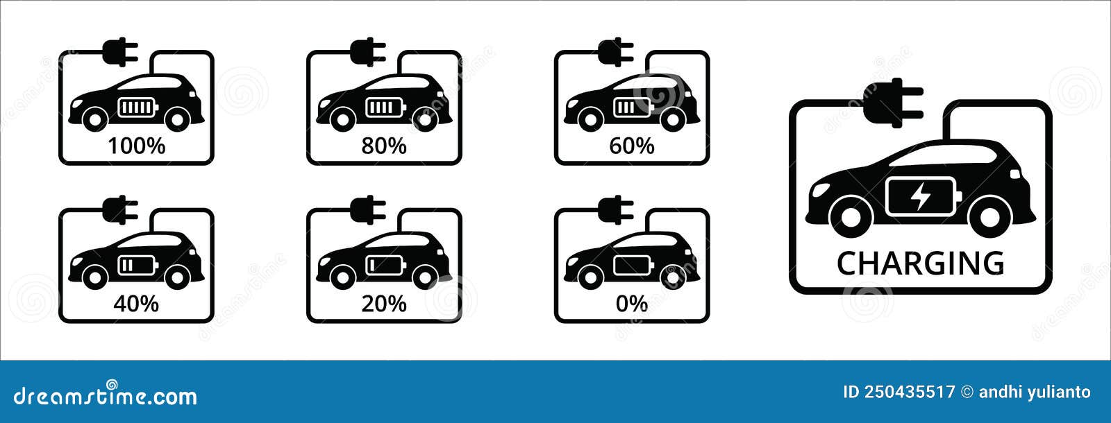 Electric Car Charge Percentage Icon Set. Electric Car with Charging