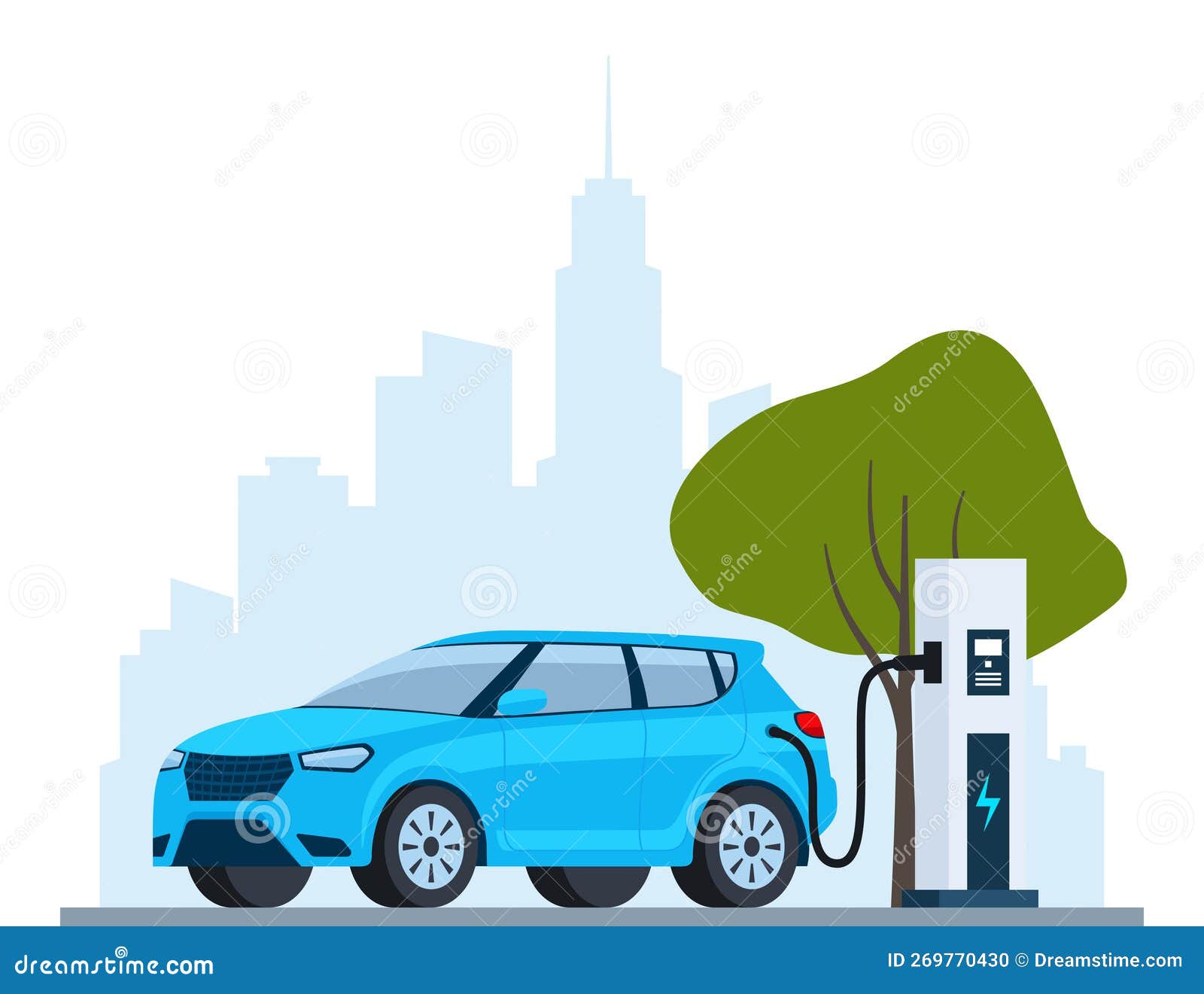 Electric Car Charging, Side View. Modern Urban Landscape with Highrise