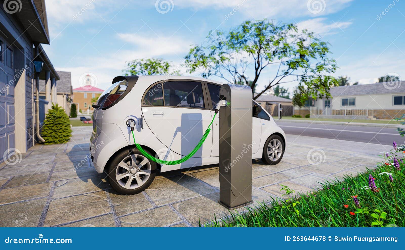 Electric Car Charging Station at Home, 3d Render Stock Illustration
