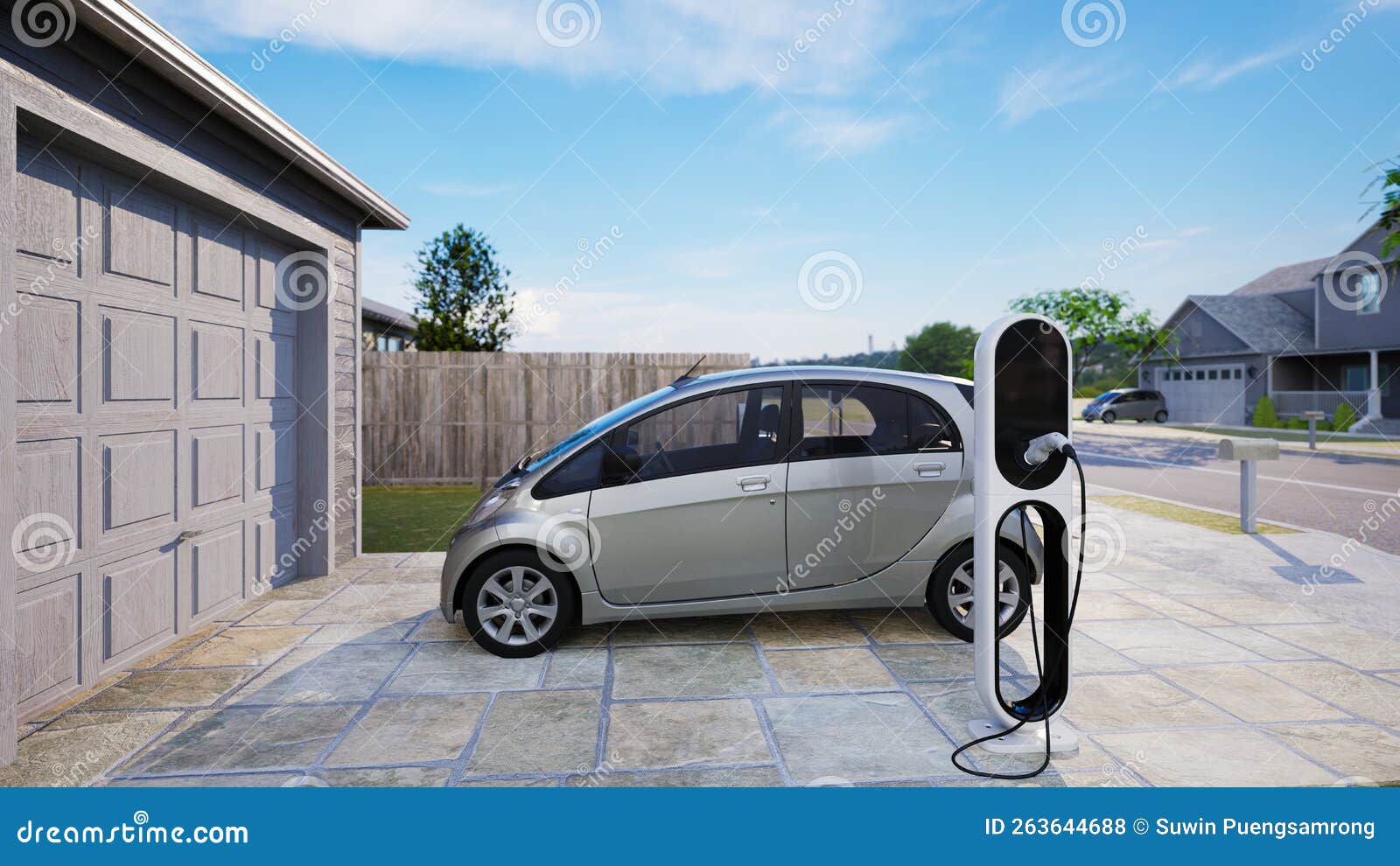 Electric Car Charging Station at Home, 3d Render Stock Illustration