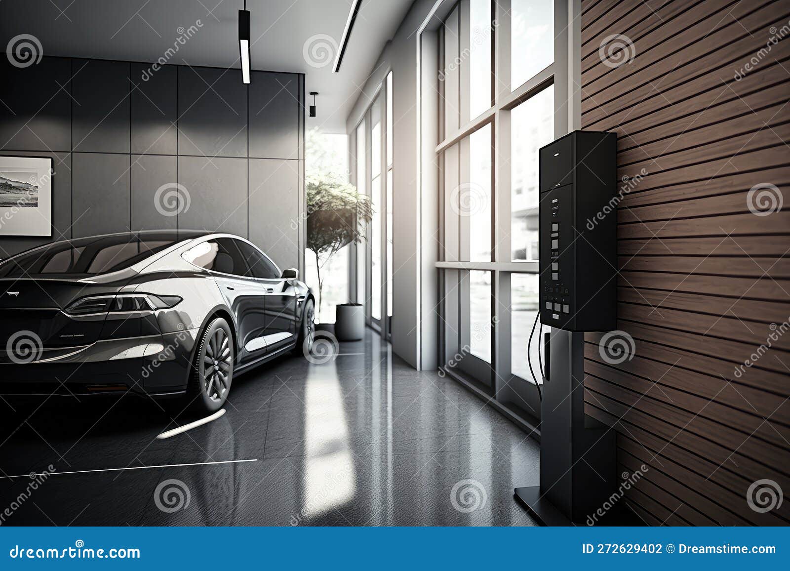 Electric Car Charging Station in Modern Office Building, with Sleek and