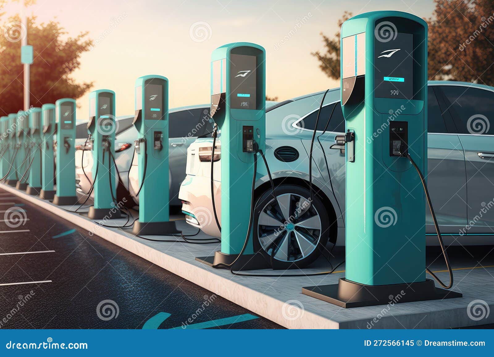 Electric Car Charging Station with Queue of Cars in the Background