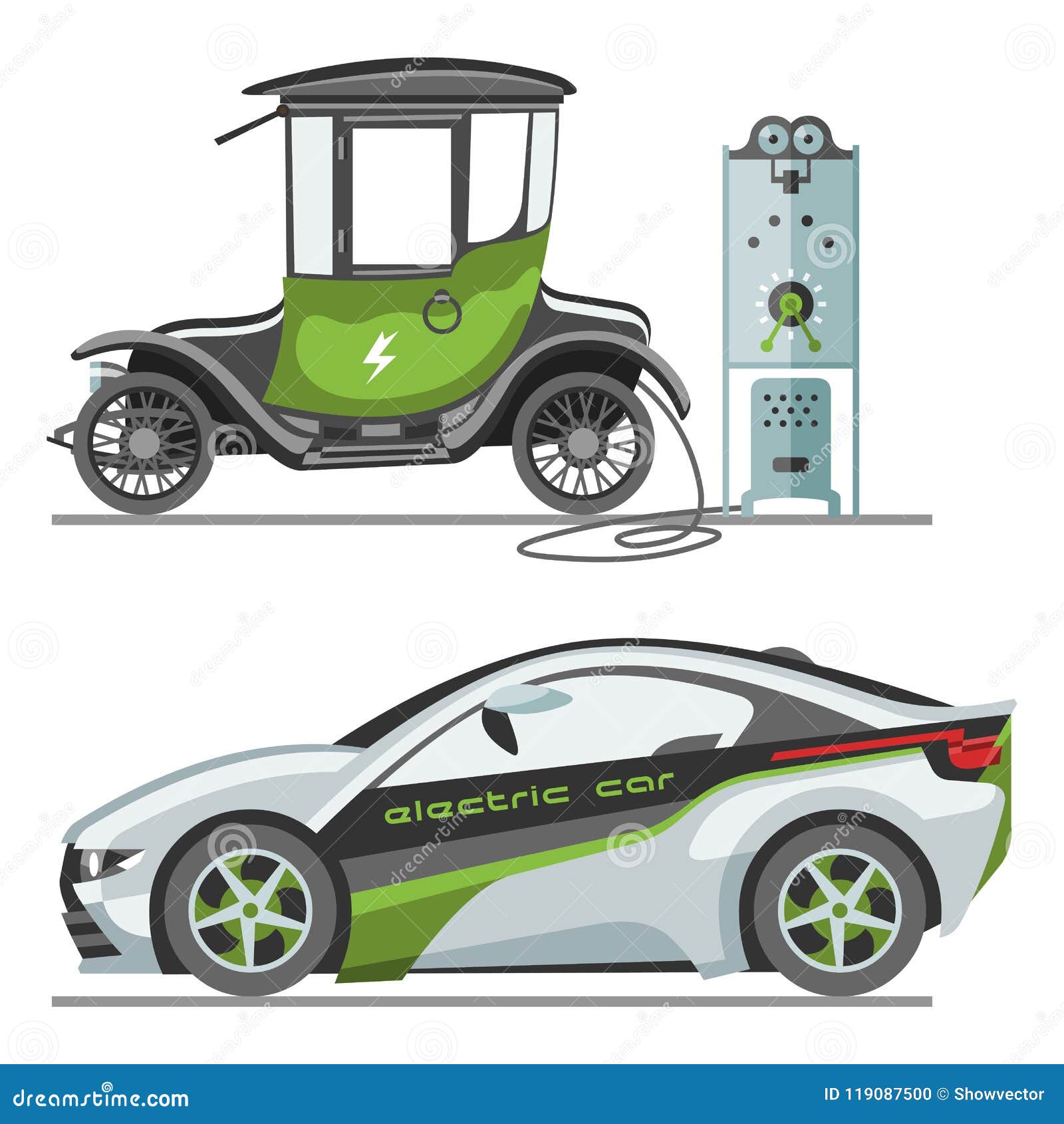 Electric Car with Solar Panels Eco Transport Vector Illustration Automobile  Socket Electrical Car Battery Charger. Stock Vector - Illustration of  charge, battery: 119087500