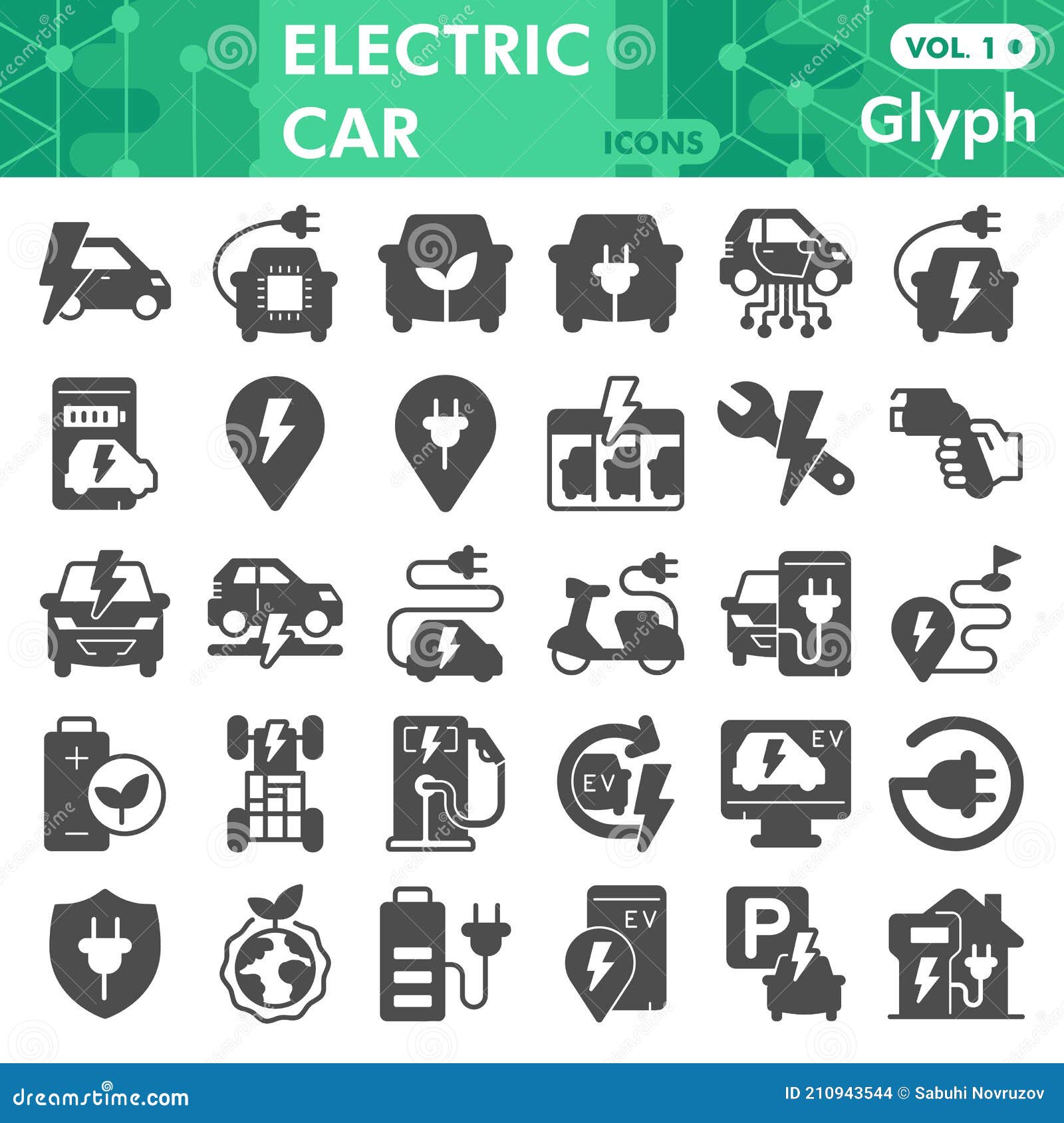 Electric Car Solid Icon Set, Electric Vehicle Symbols Collection or