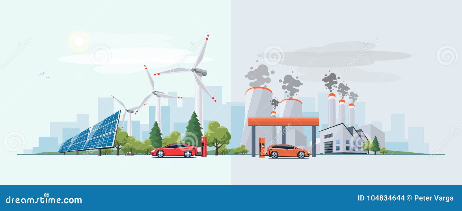 Electric Car Versus Fossil Fuel Energy Source Stock Vector