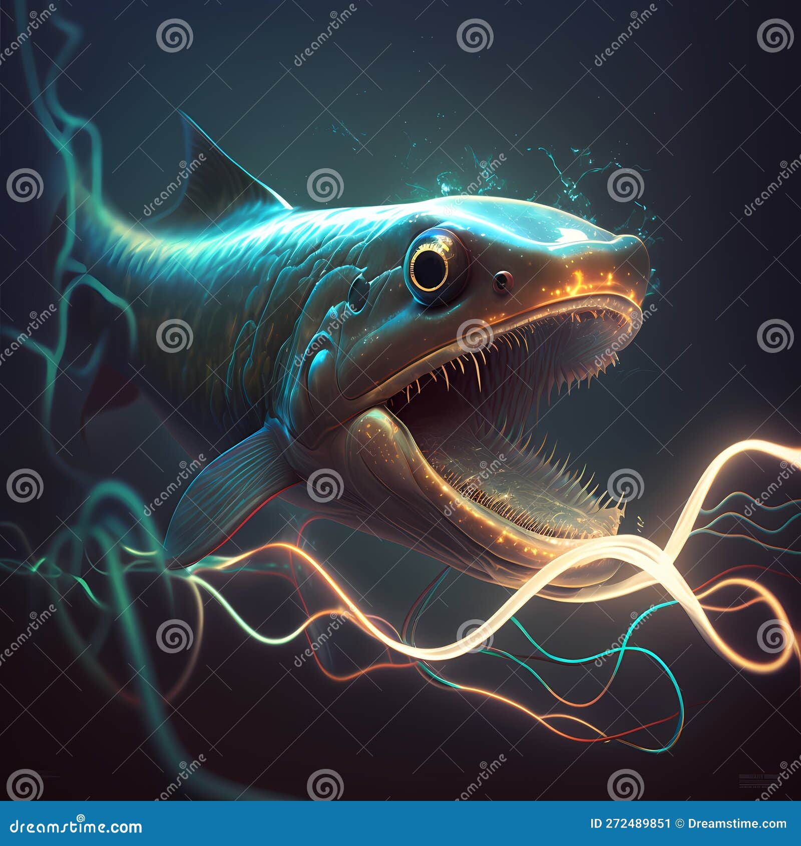 Electric Eel at Rainforest River. Generative AI Stock Illustration