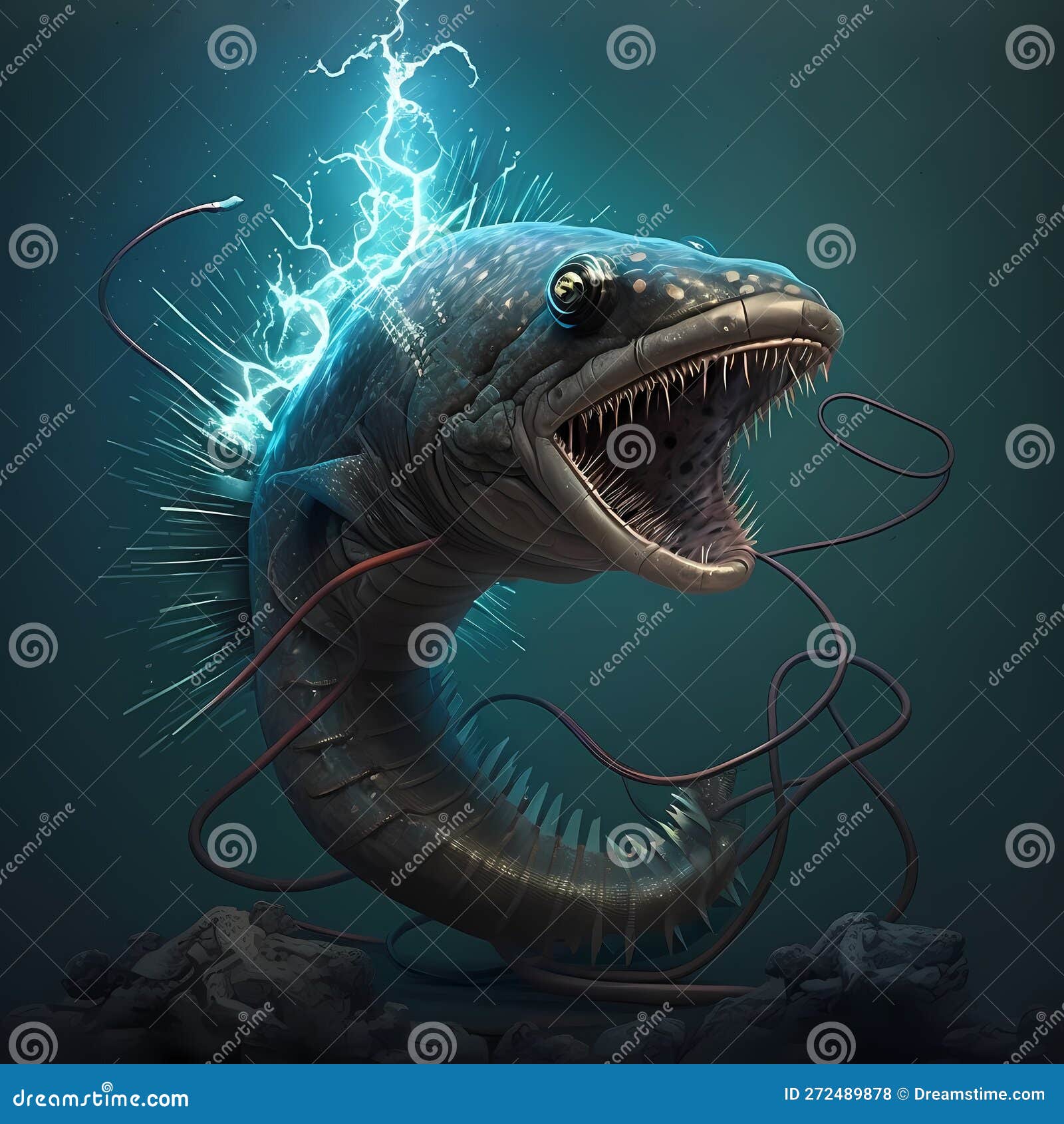Electric Eel at Rainforest River. Generative AI Stock Illustration