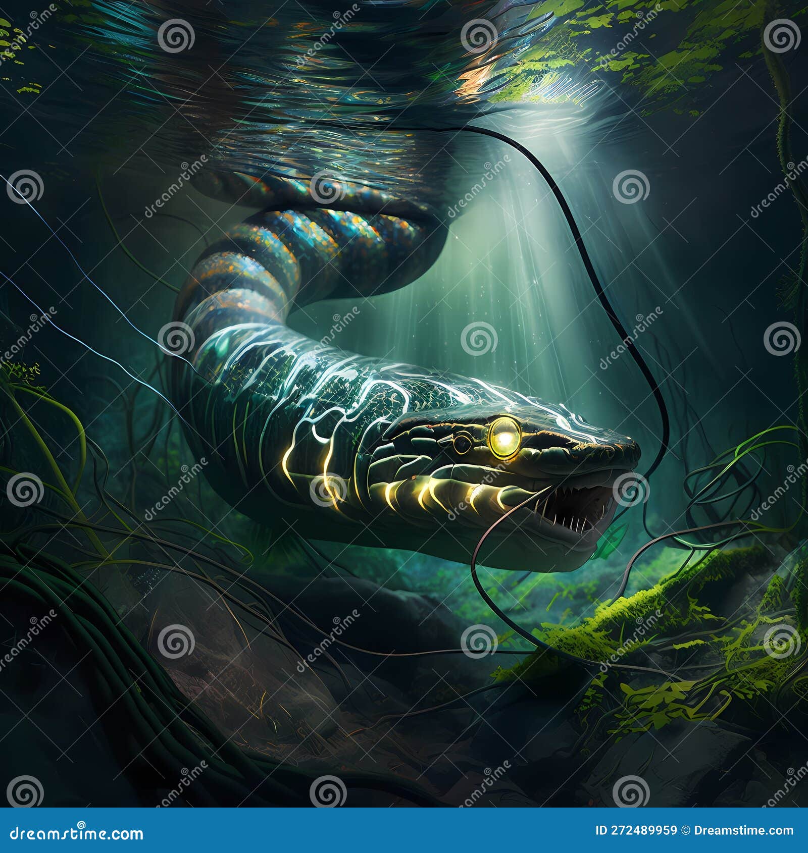 Electric Eel at Rainforest River. Generative AI Stock Illustration