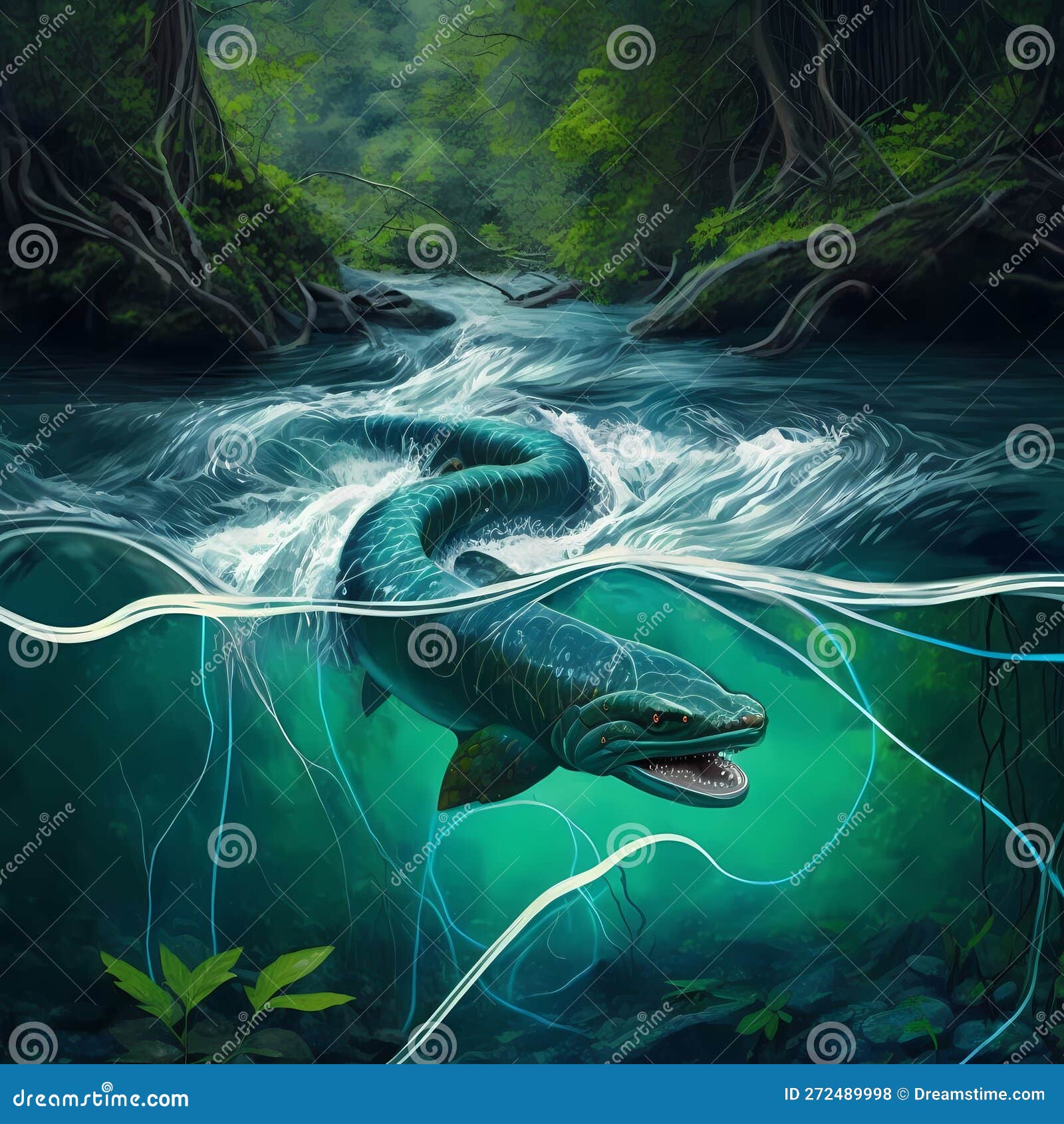 Electric Eel at Rainforest River. Generative AI Stock Illustration