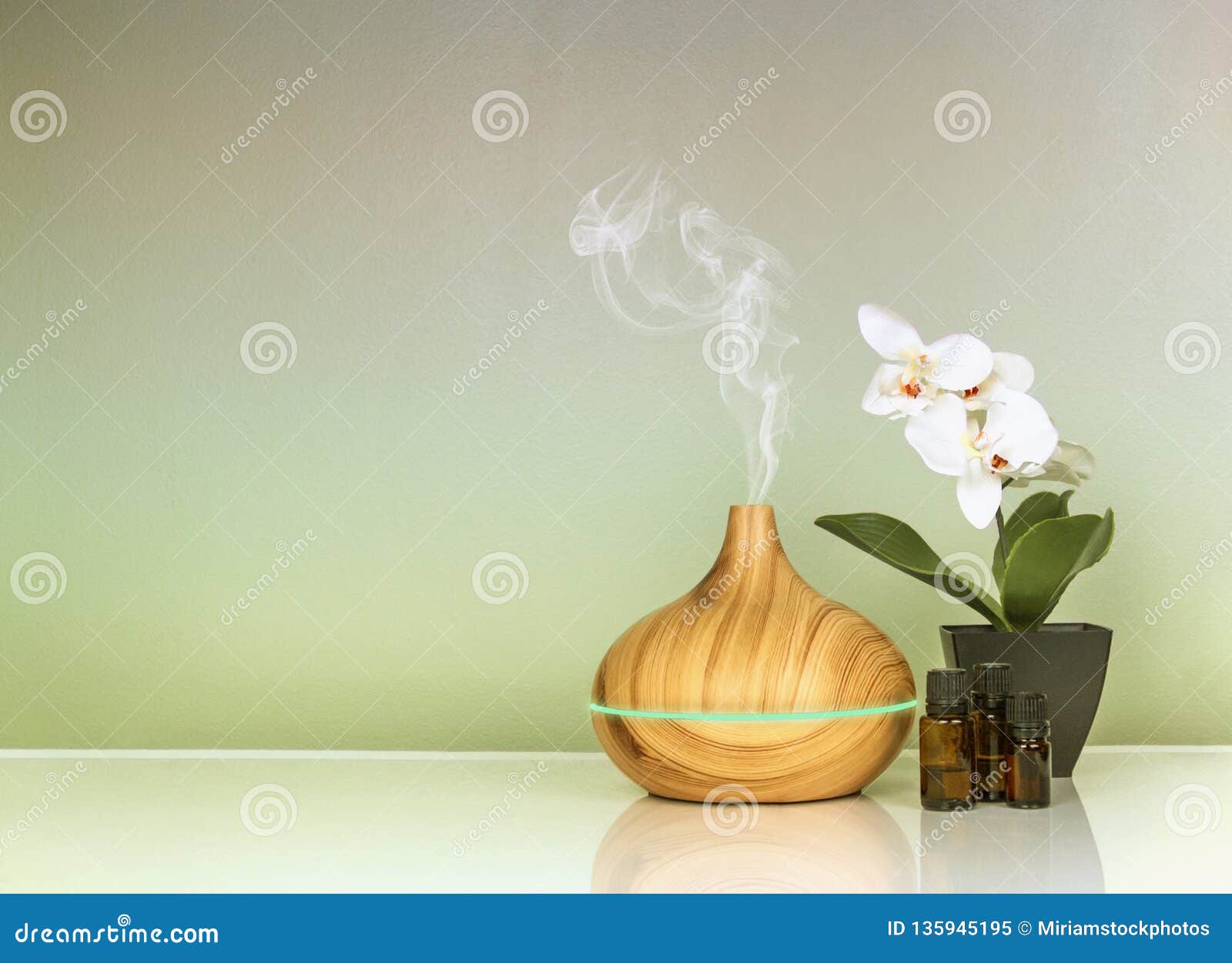 Electric Essential Oils Aroma Diffuser, Oil Bottles and Flowers on