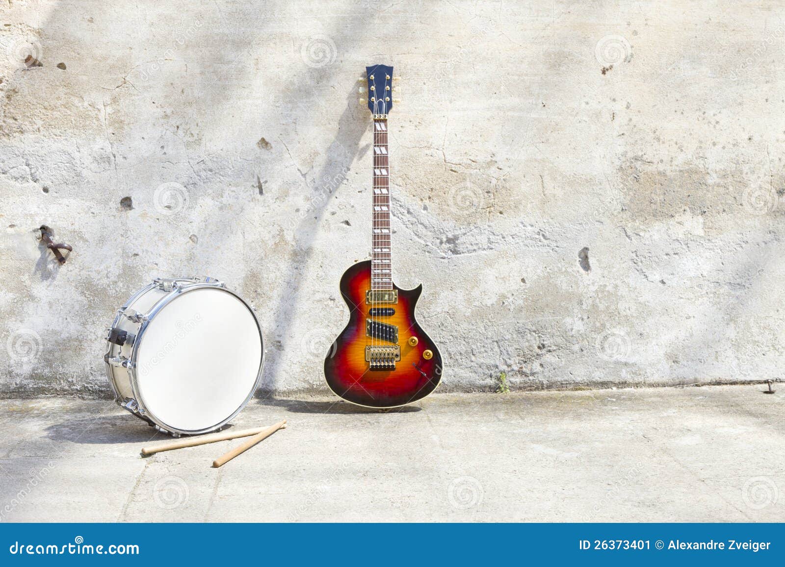 Electric Guitar and Drum in Front of a Vintage Wall Stock Image Image of musical, abandoned
