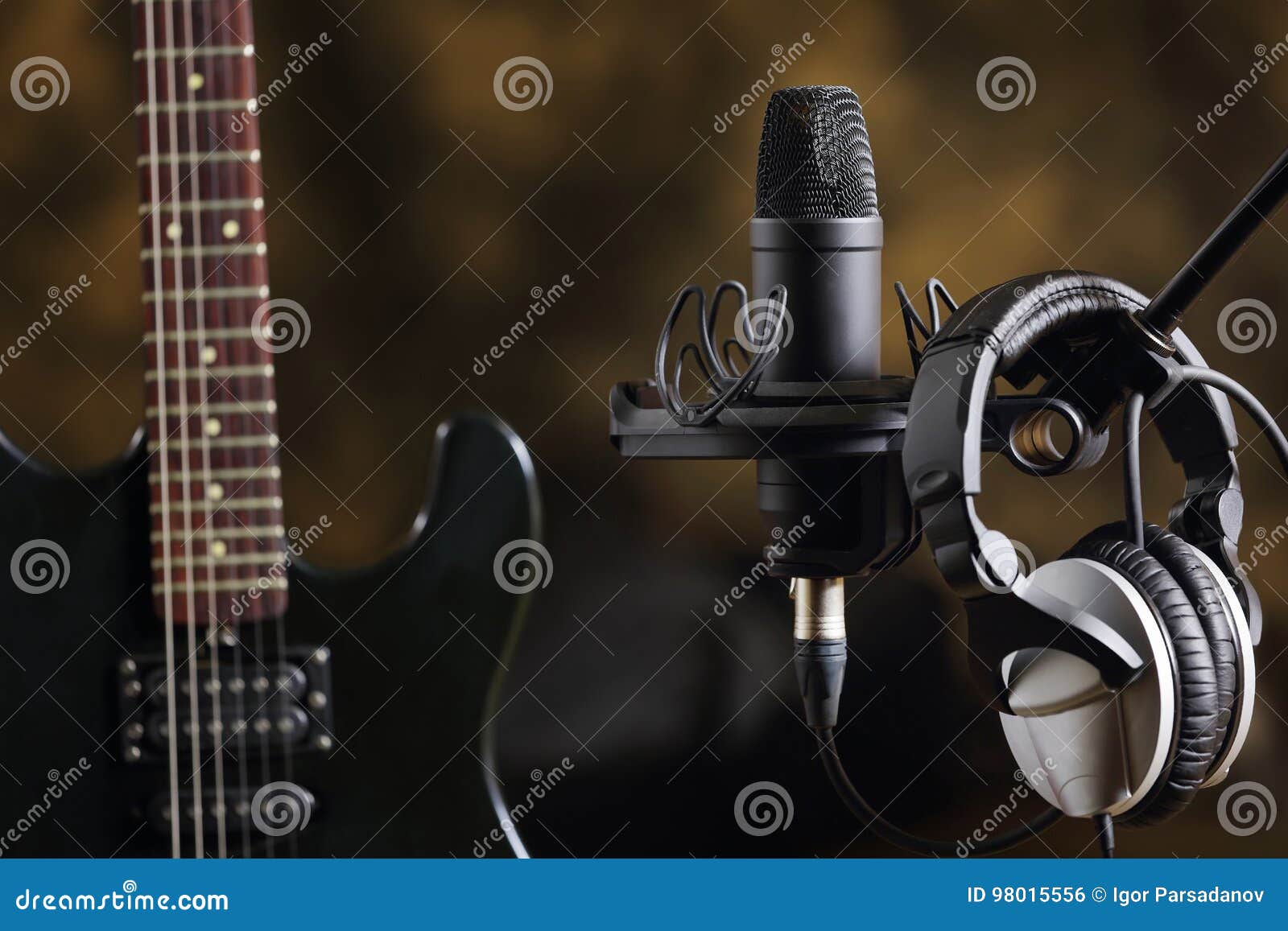 Electric Guitar, Microphone and Earphones Stock Photo Image of play