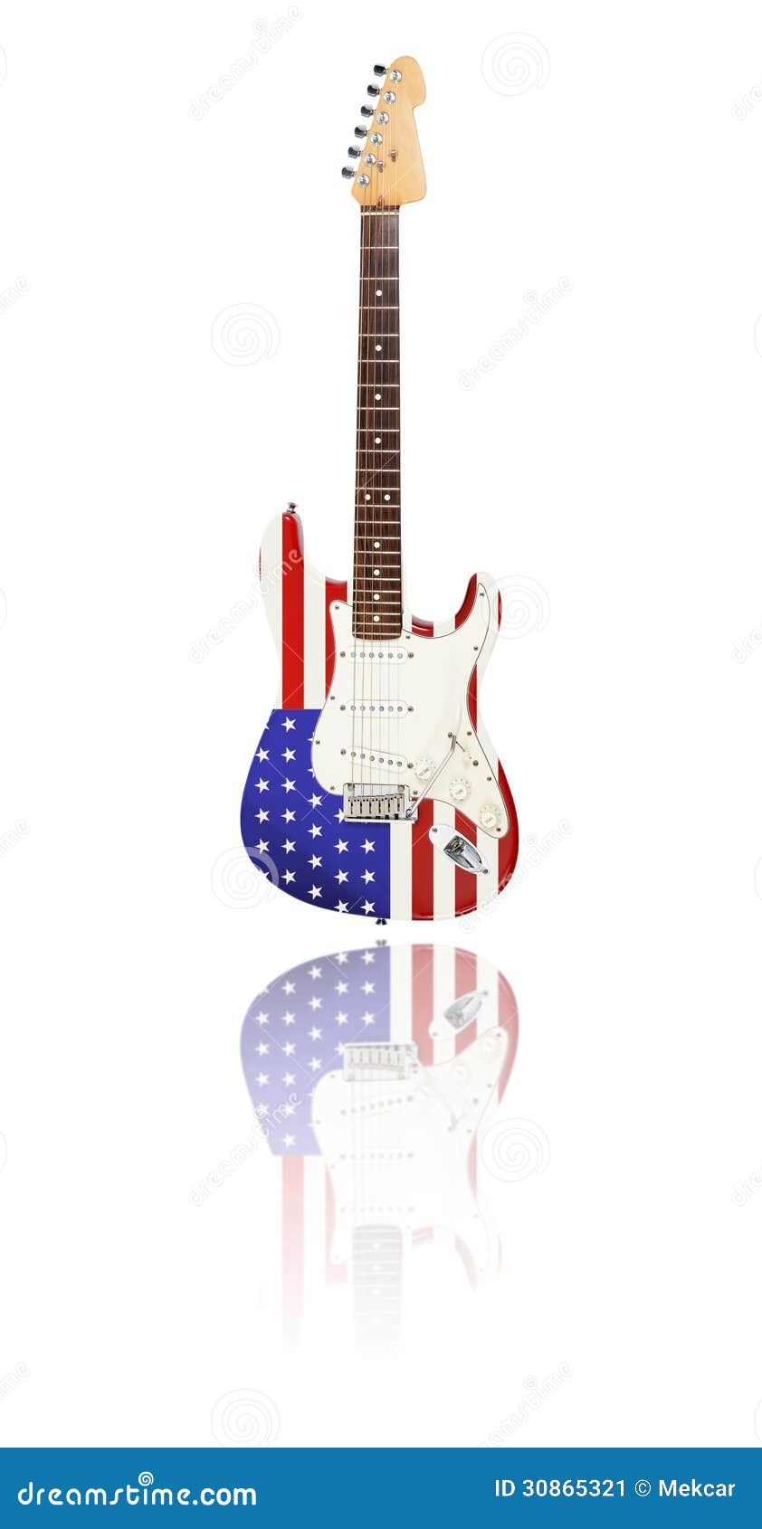 Electric Guitar with Reflection, U.S. Flag, White Background Stock