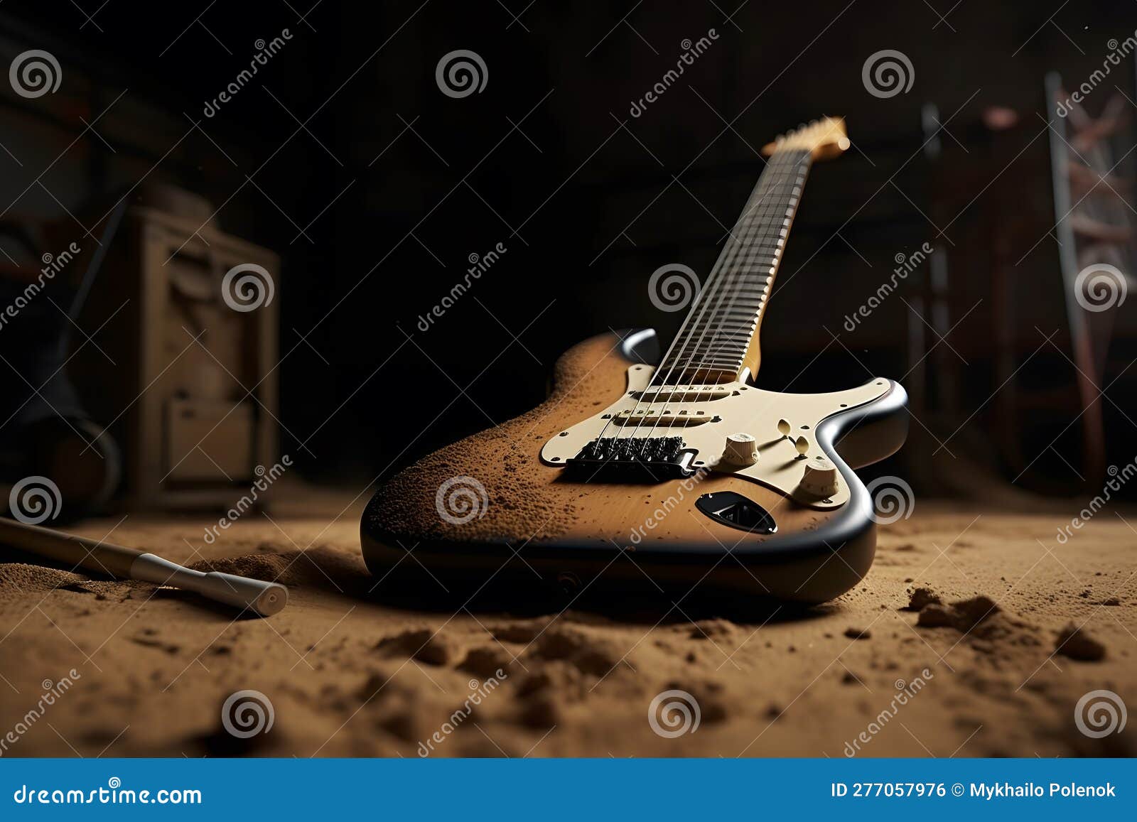 Electric Guitar on the Sand. Neural Network AI Generated Stock Photo