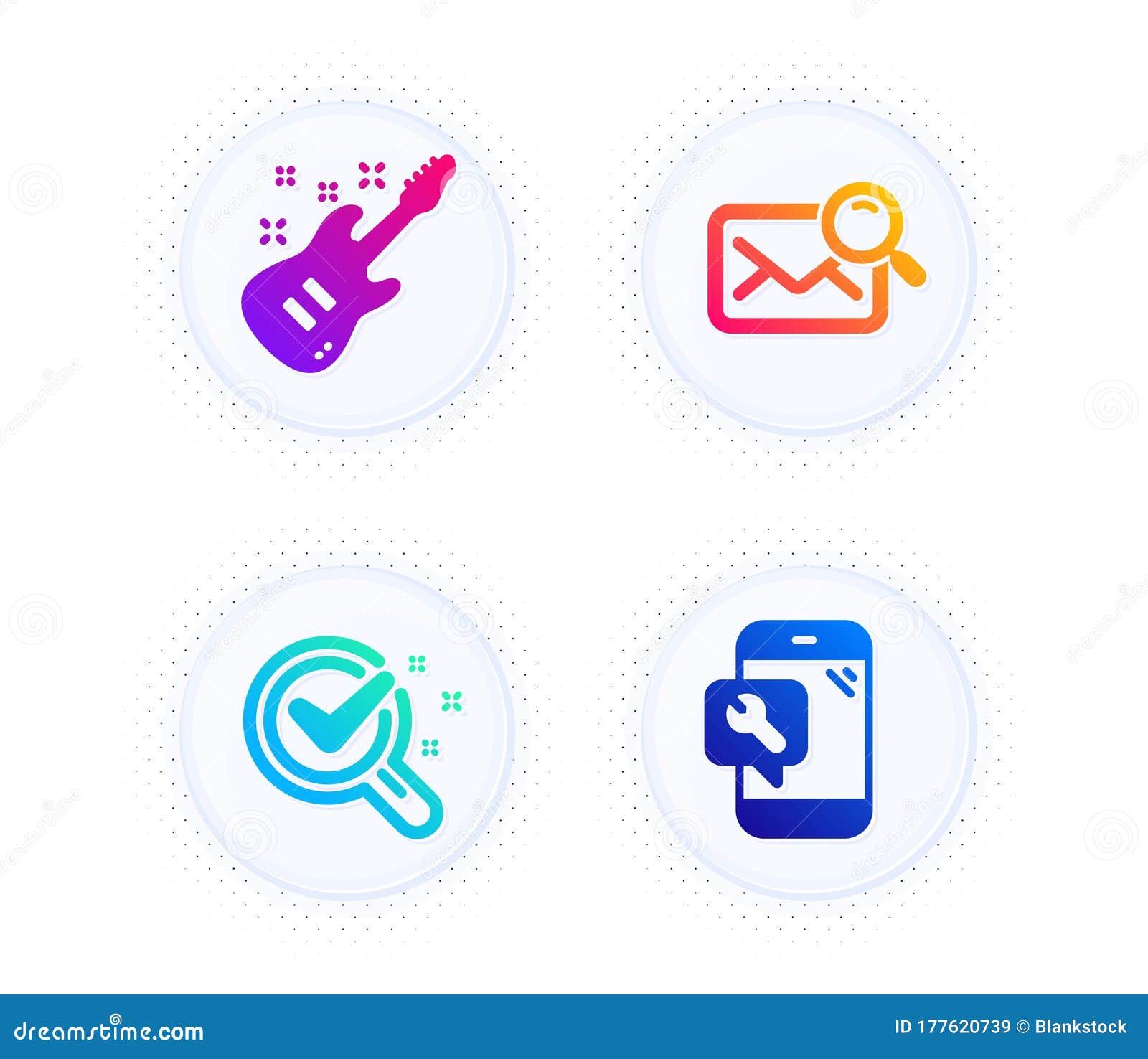 electric guitar, search mail and chemistry lab icons set. phone repair sign. 