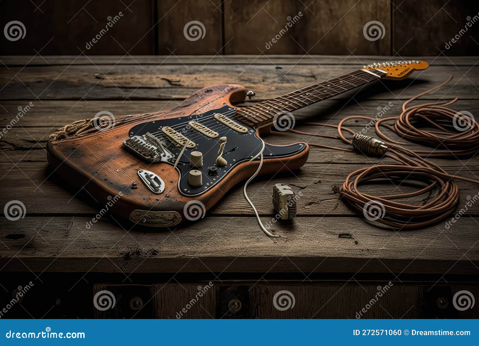 Electric Guitar, Sitting on a Wooden Table, with Its Strings and