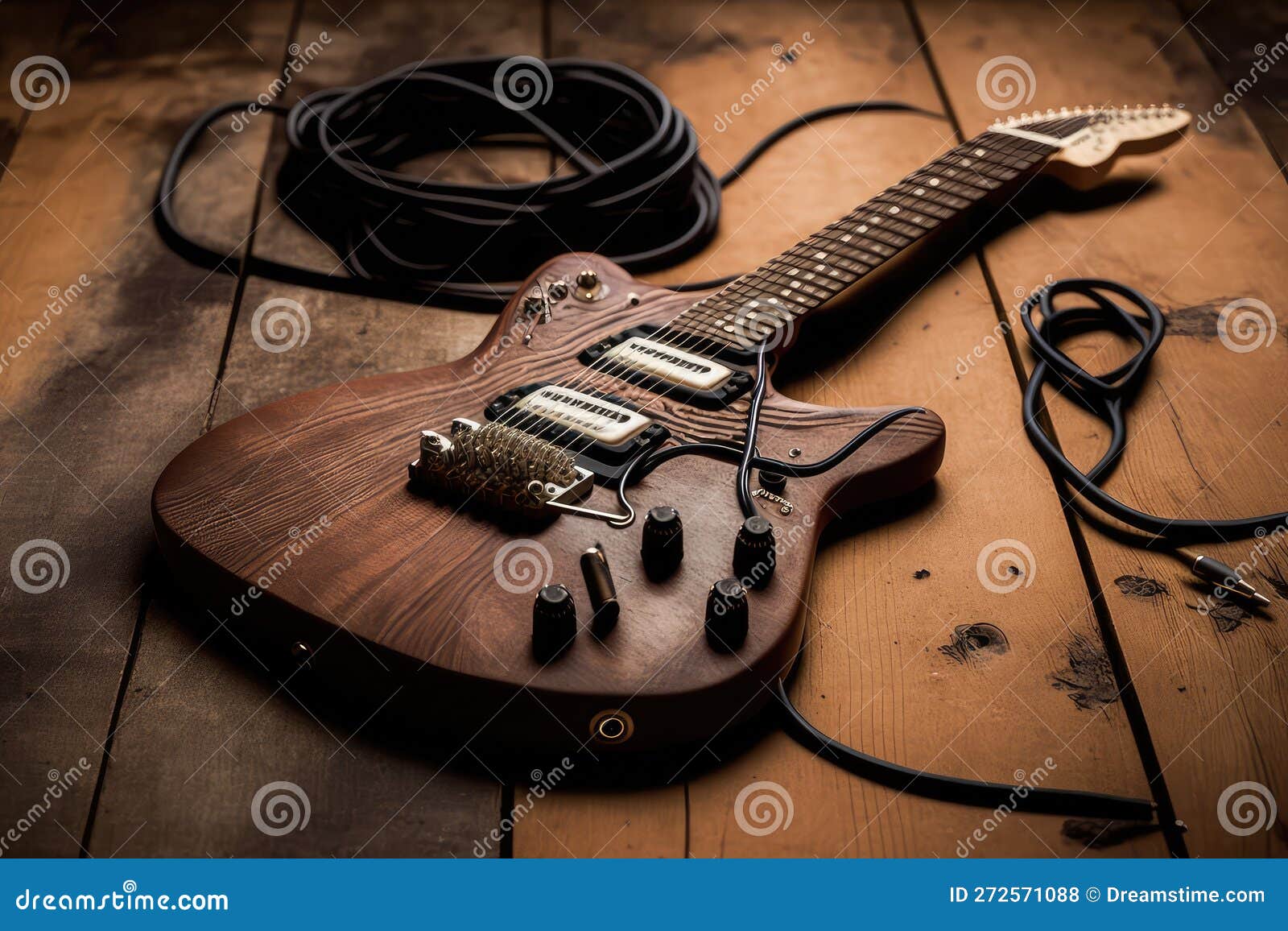 Electric Guitar, Sitting on a Wooden Table, with Its Strings and