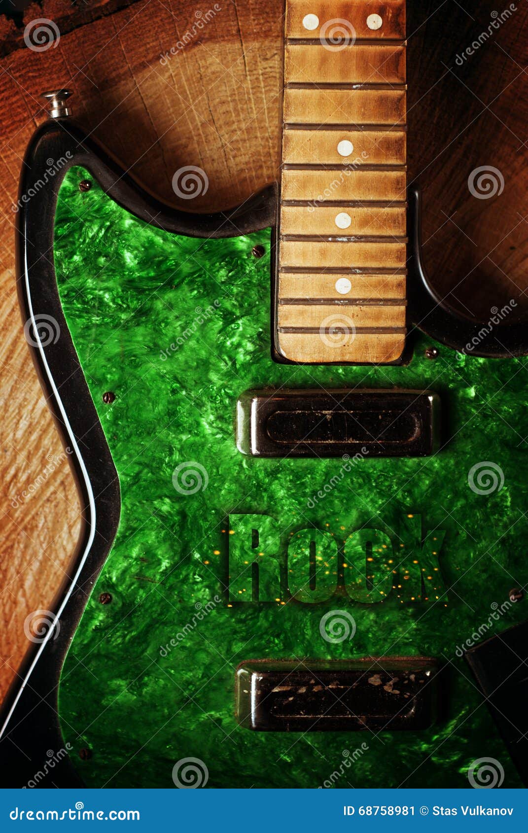 Electric Guitar without Strings on Wooden Background Stock Image
