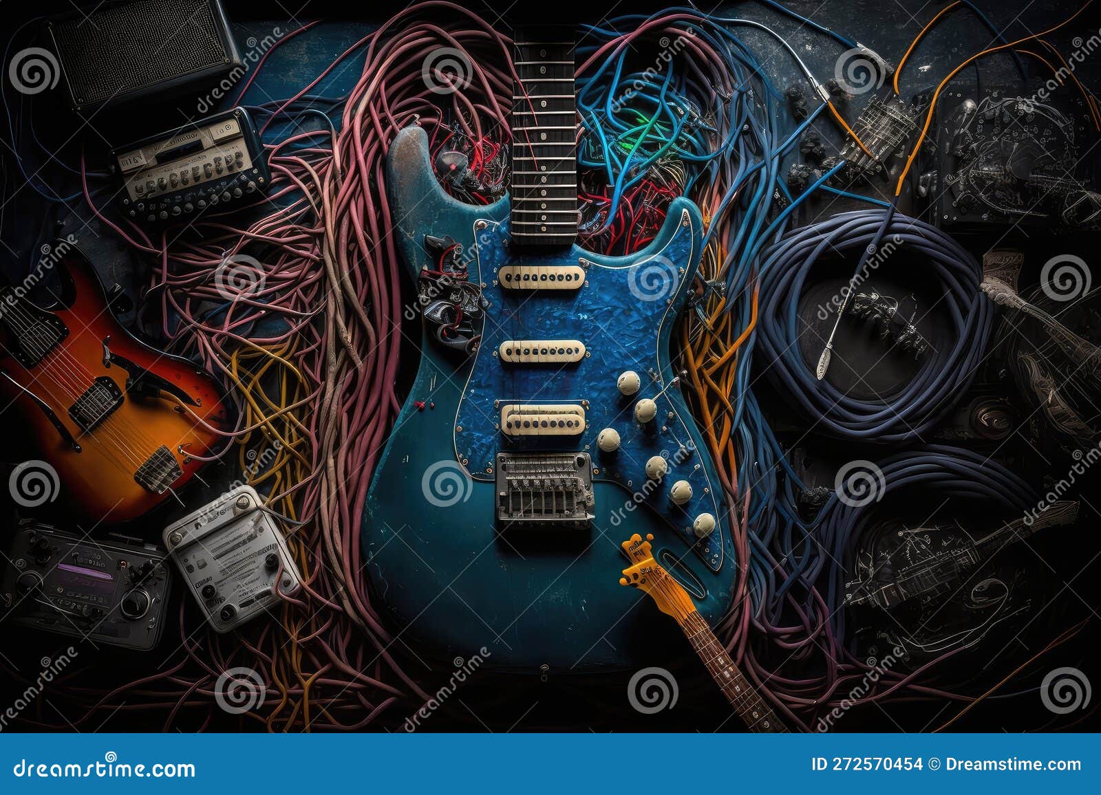 Electric Guitar, Surrounded by Collection of Pedals and Effects Units