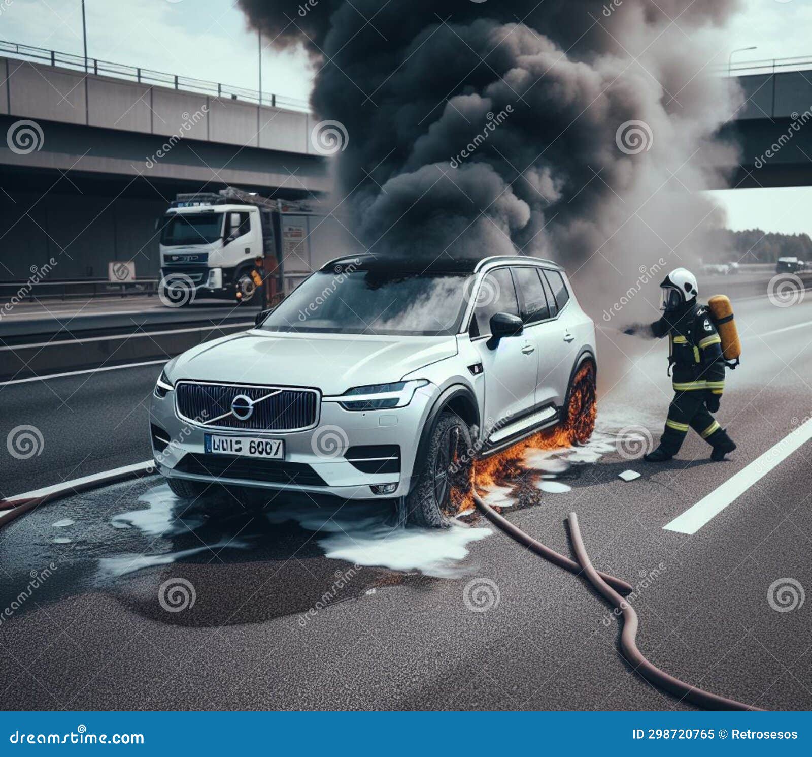 electric hybrid car suv burn bottom chasis, firefighter apply foam to extinguish flames big smoke