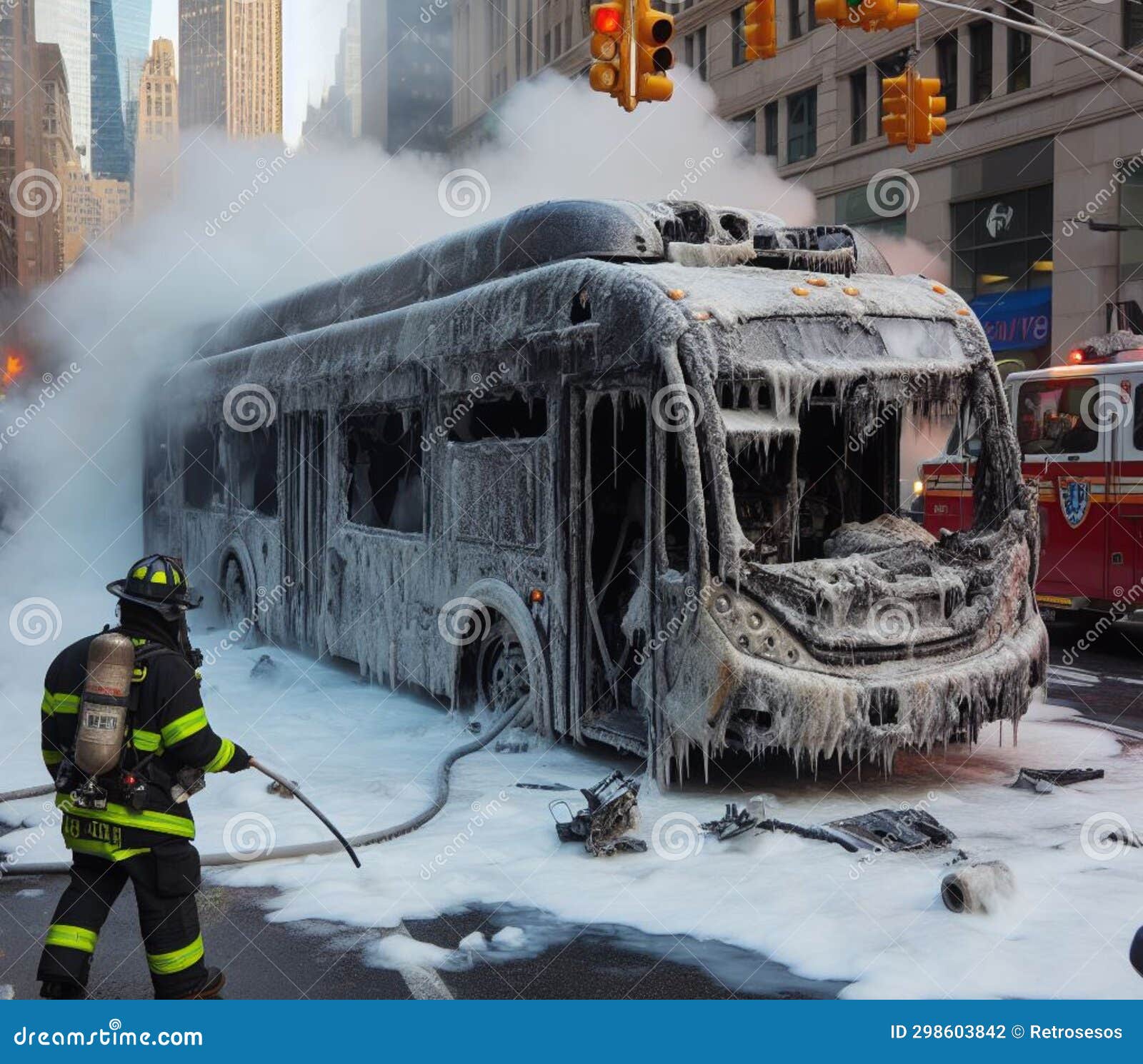 electric hybrid city bus burn bottom chasis, firefighter apply foam to extinguish flames big smoke