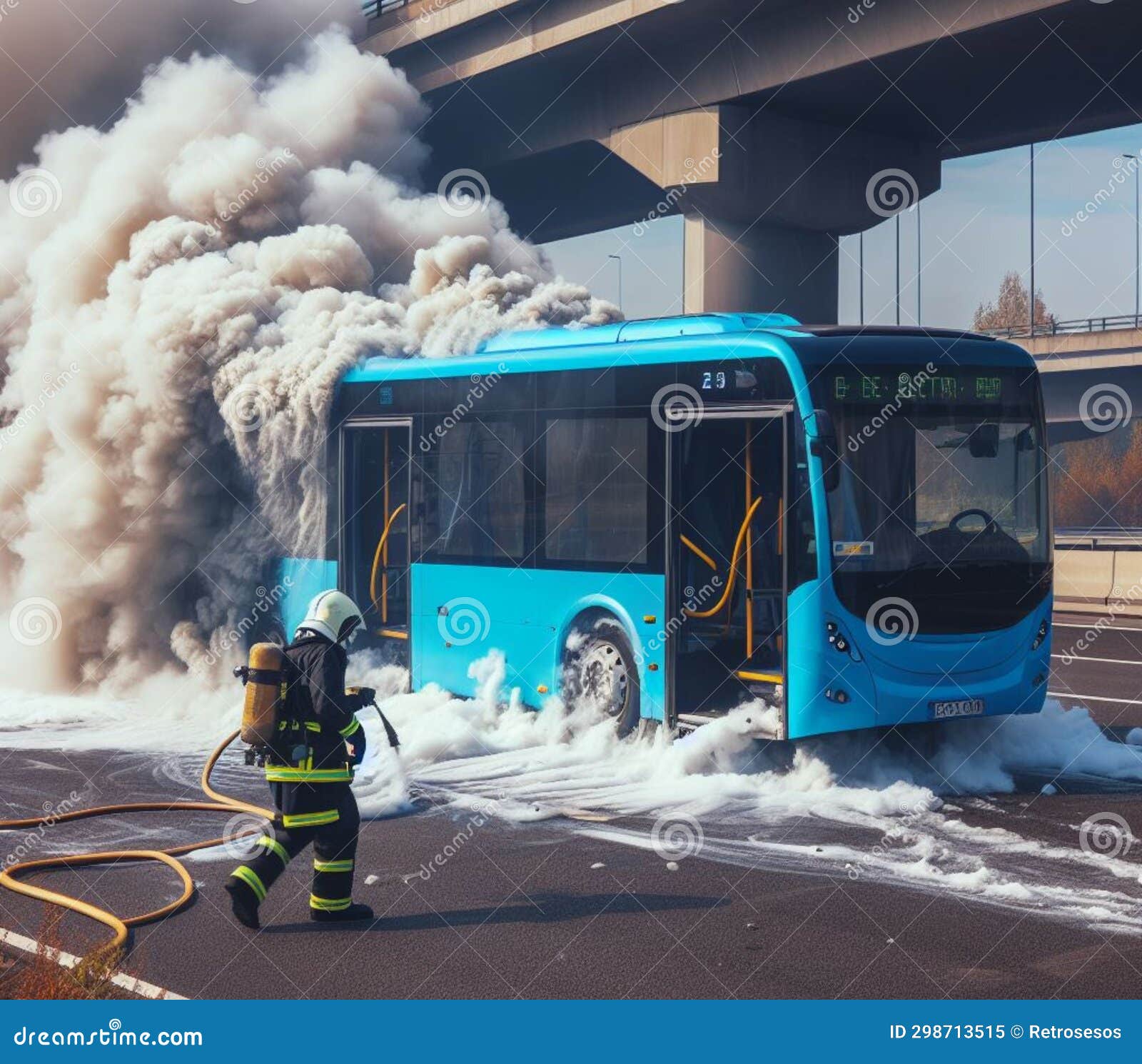 electric hybrid city bus burn bottom chasis, firefighter apply foam to extinguish flames big smoke