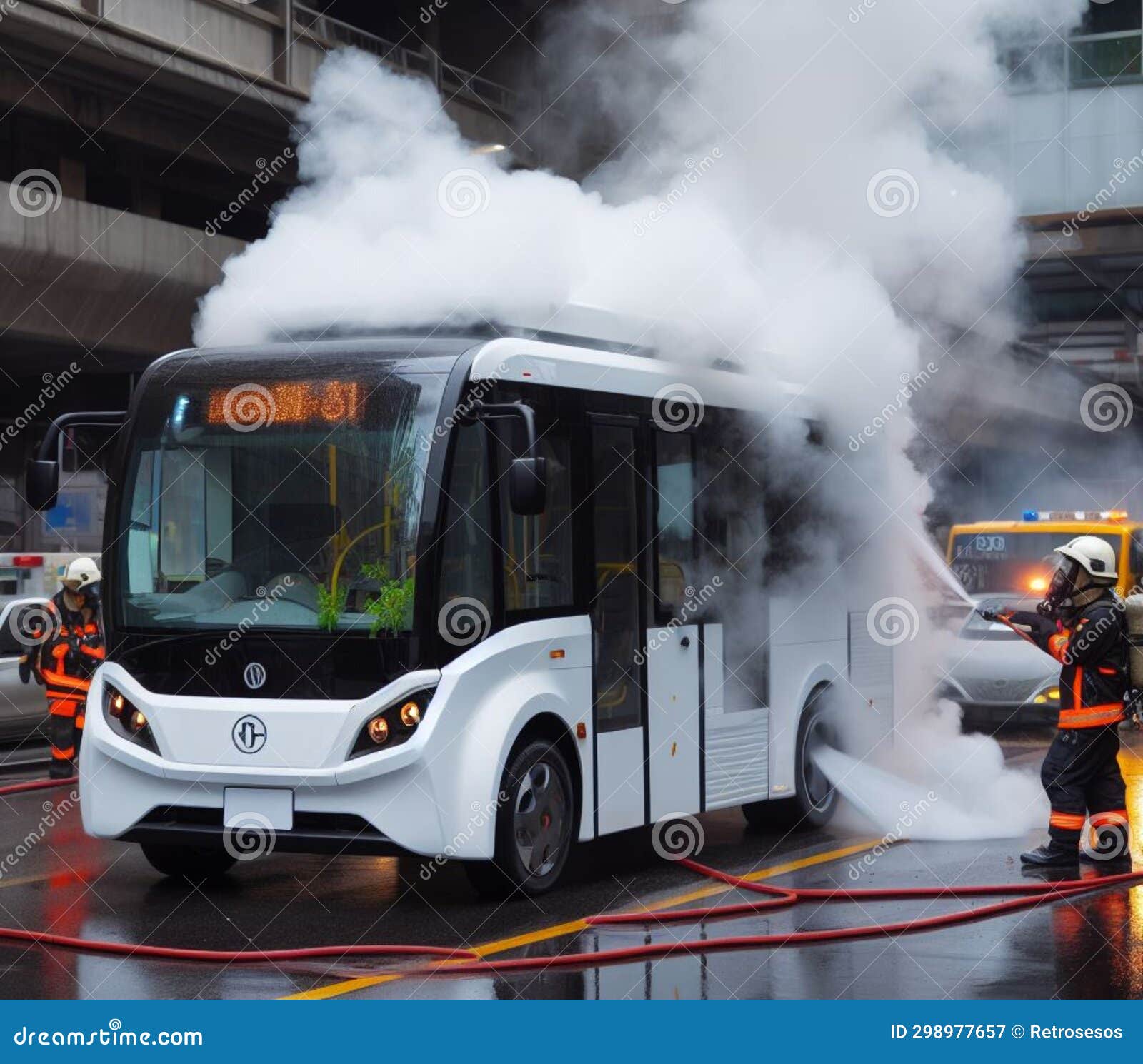 electric hybrid city bus burn bottom chasis, firefighter apply foam to extinguish flames big smoke