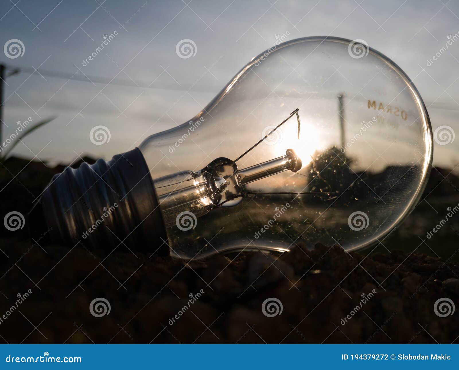 Electric Light Bulb on the Ground Against the Sun during the Evening