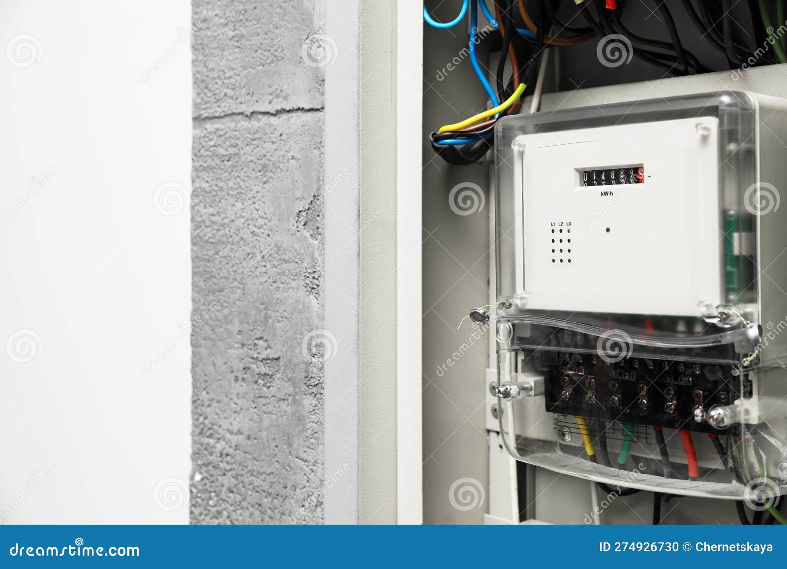 Electric Meter and Wires in Fuse Box, Space for Text Stock Photo