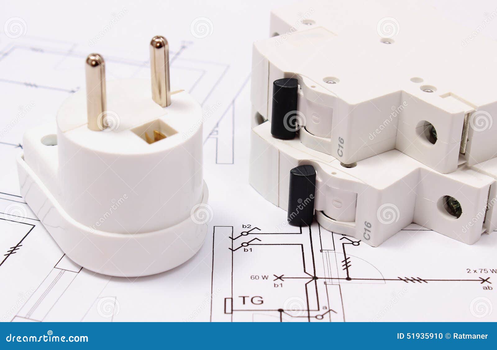 Electric Plug and Fuse on Construction Drawing of House Stock Photo